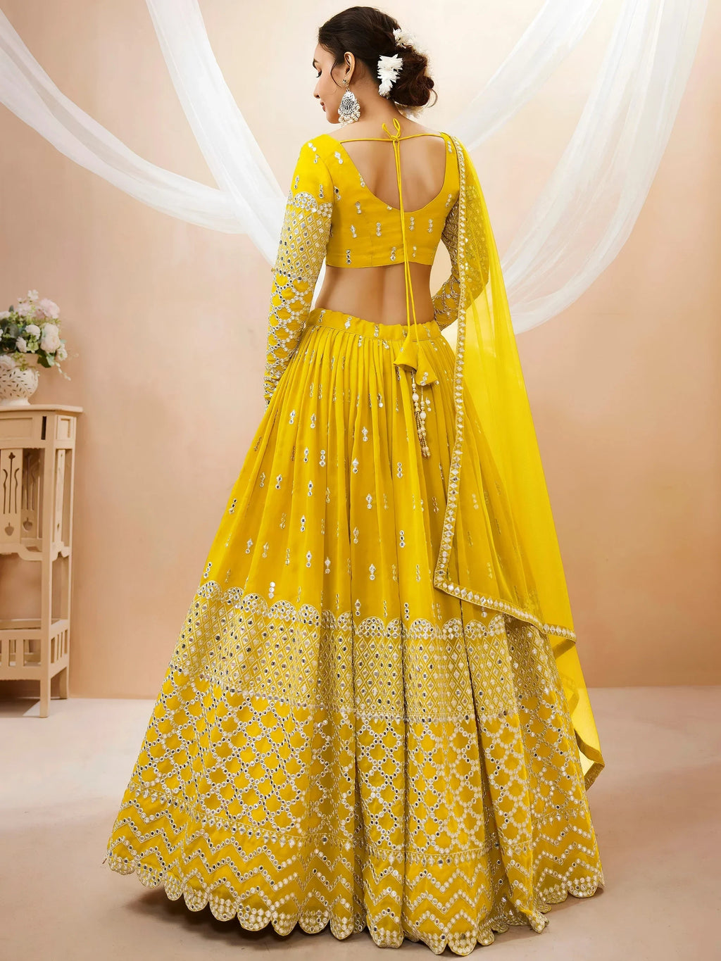 Beautiful Yellow Zari Embroidered Georgette Haldi Wear Lehenga Choli