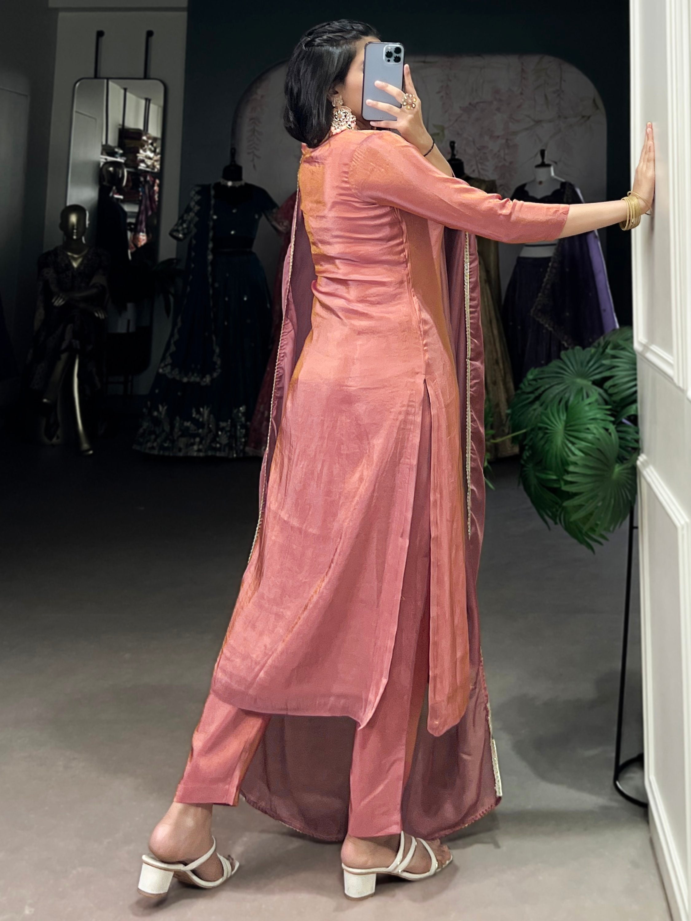 Beautiful Peach Bead Work Tissue Festival Wear Pant Suit