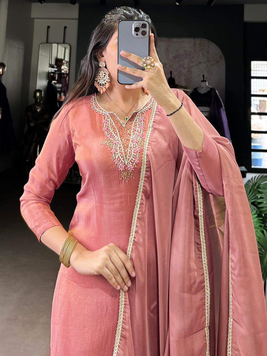 Beautiful Peach Bead Work Tissue Festival Wear Pant Suit