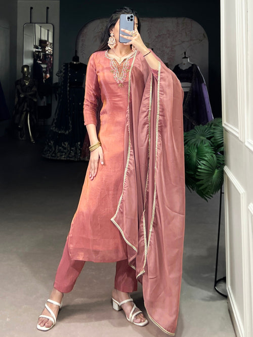 Beautiful Peach Bead Work Tissue Festival Wear Pant Suit