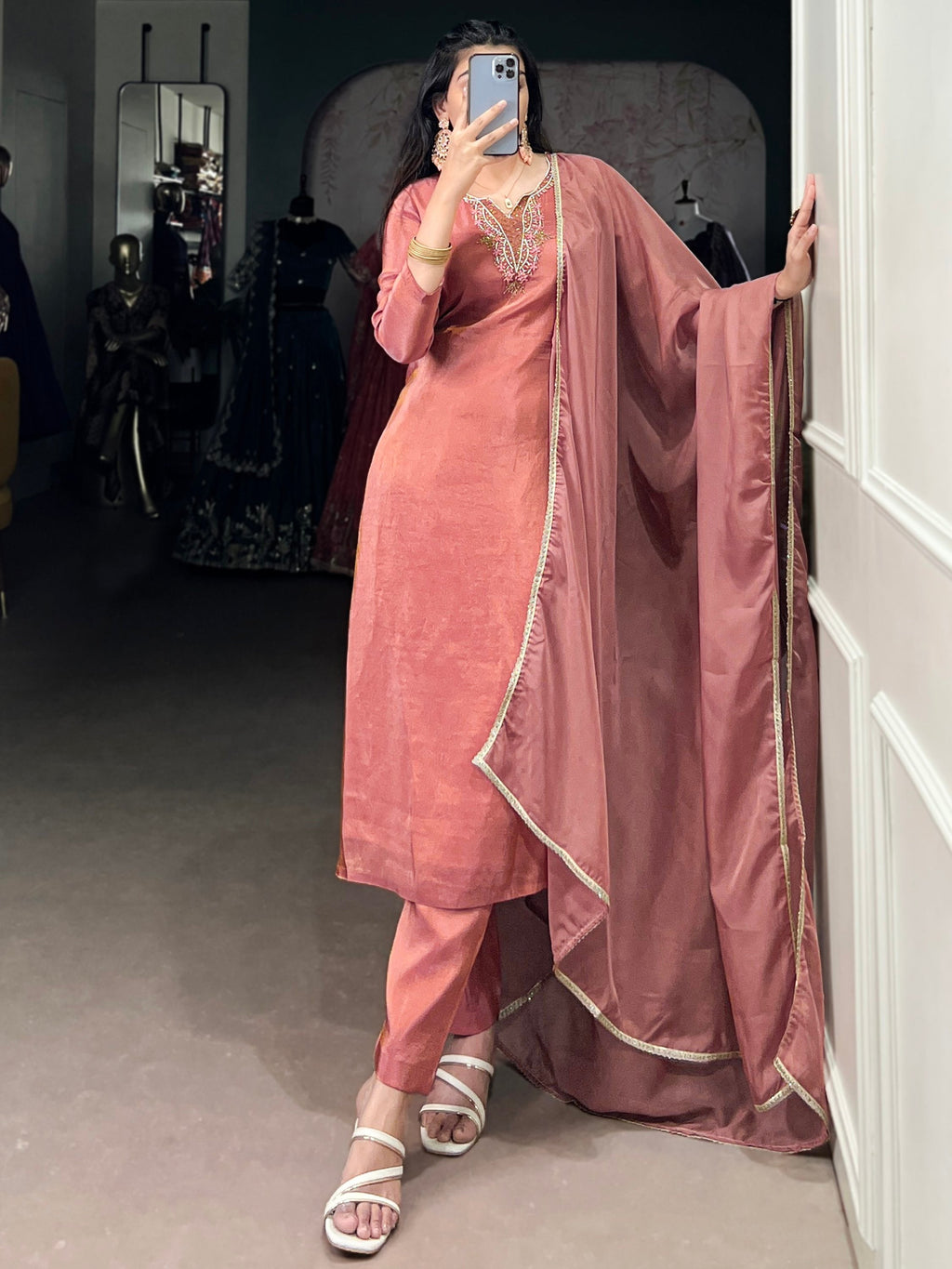 Beautiful Peach Bead Work Tissue Festival Wear Pant Suit