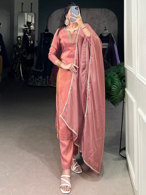 Beautiful Peach Bead Work Tissue Festival Wear Pant Suit