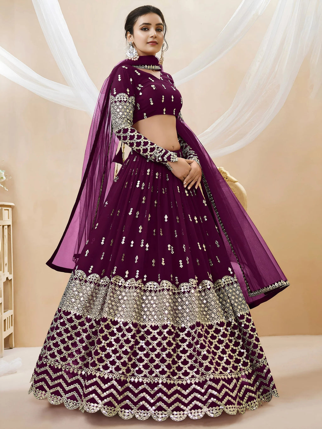 Artistic Wine Mirror Work Georgette Readymade Plus Size Lehenga Choli