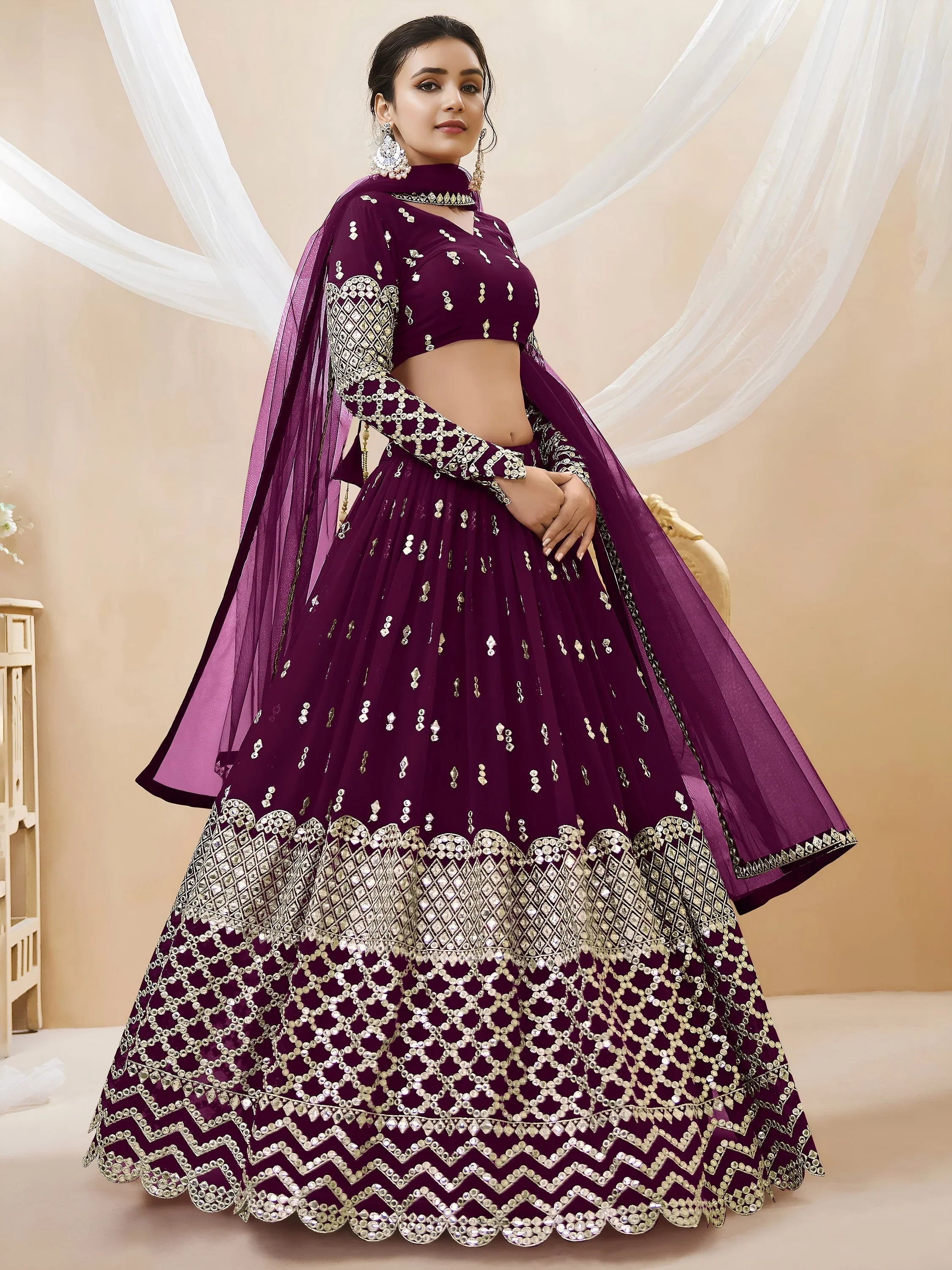 Artistic Wine Mirror Work Georgette Readymade Plus Size Lehenga Choli