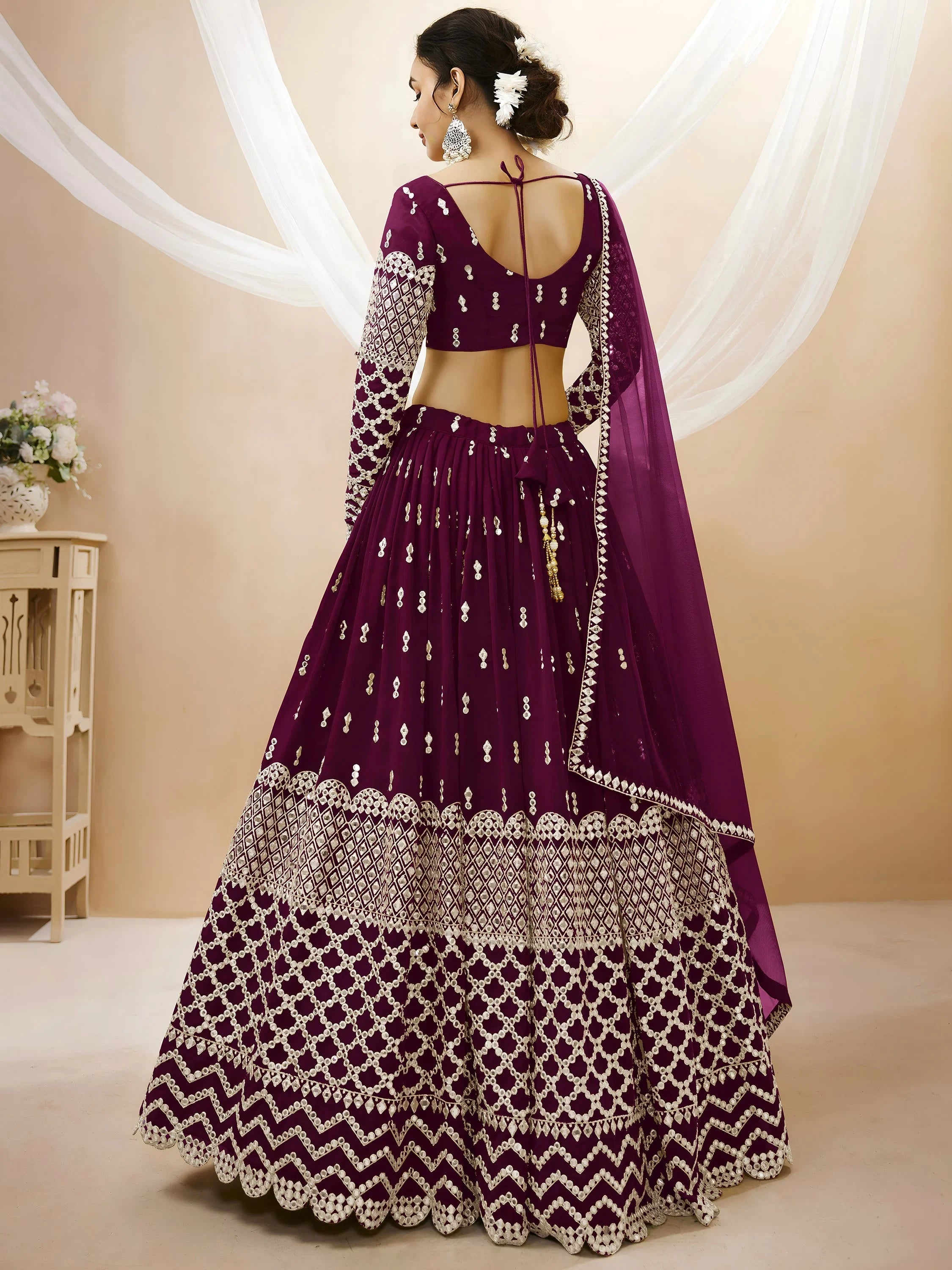 Artistic Wine Mirror Work Georgette Readymade Plus Size Lehenga Choli