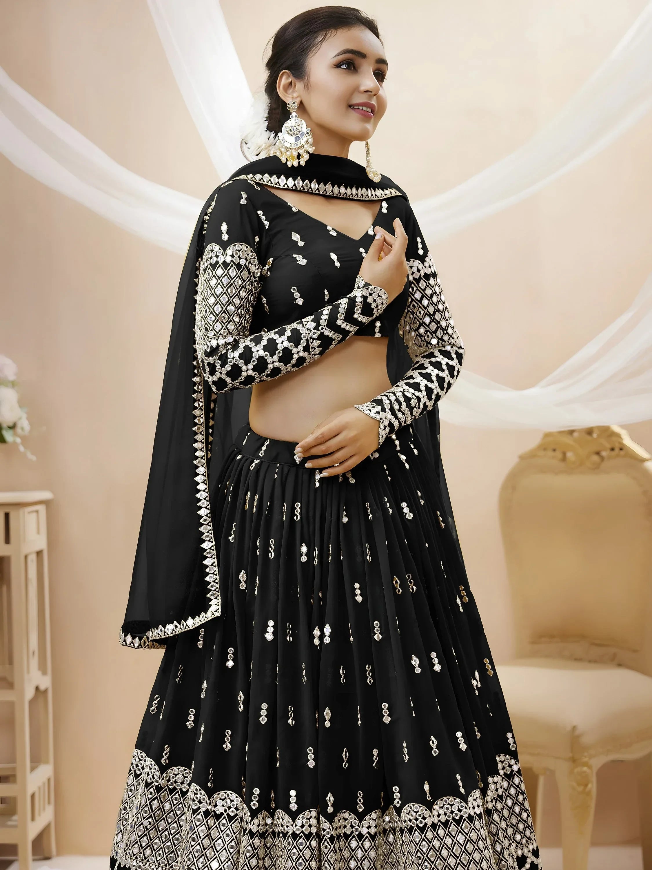 Seductive Black Zari Work Georgette Reception Wear Lehenga Choli