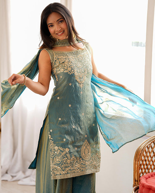 Dusty Blue Color Fendi Silk Embroidered Sharara Suit