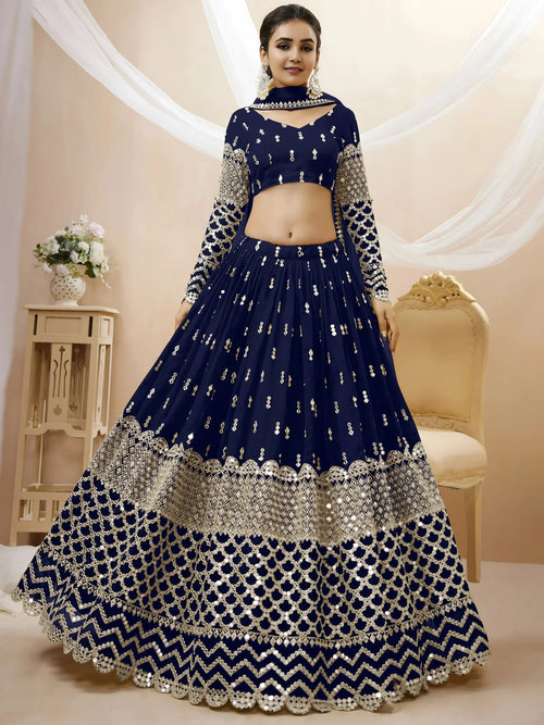 Appealing Navy Blue Sequis Georgette Reception Wear Lehenga Choli