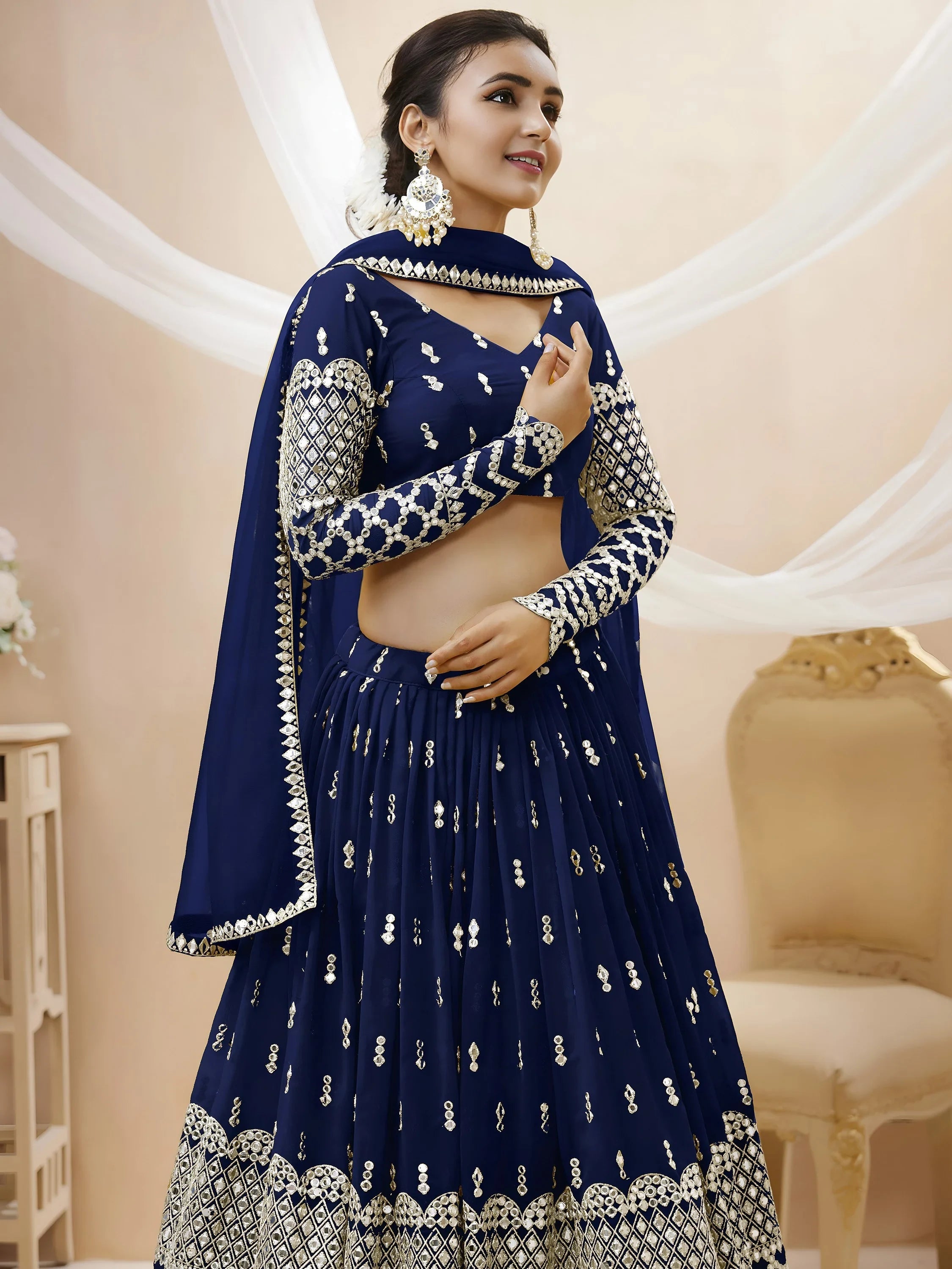 Graceful Navy Blue Zari Embroidered Georgette Plus Size Lehenga Choli