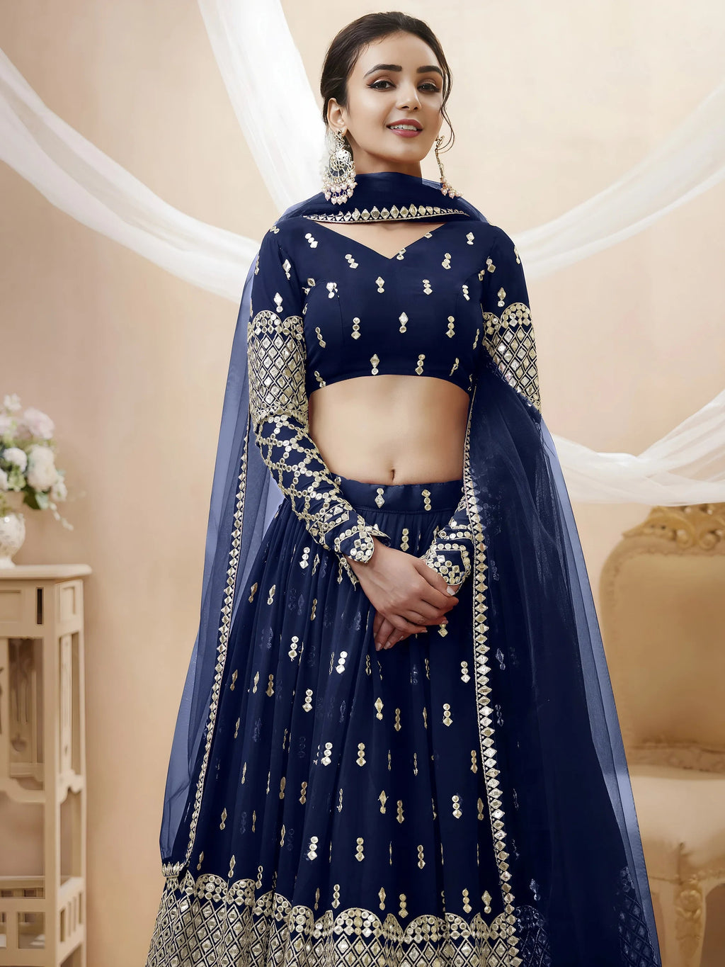 Graceful Navy Blue Zari Embroidered Georgette Plus Size Lehenga Choli