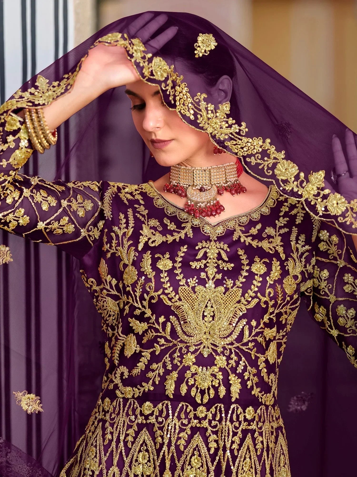 Alluring Wine Embroidered Net Reception Wear Gown With Dupatta