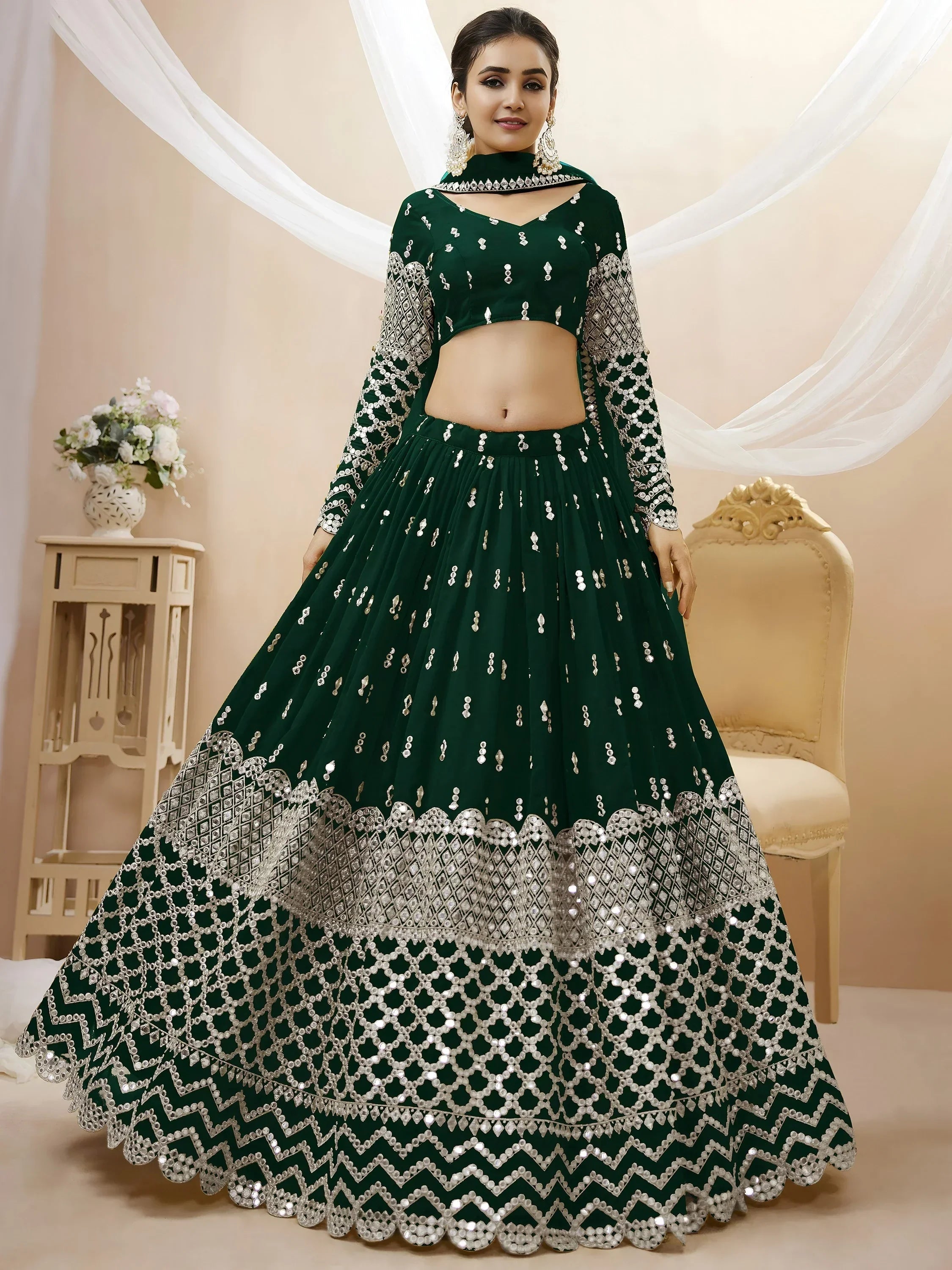 Dark Green Capricious Dark Sequins Work Georgette Lehenga Choli