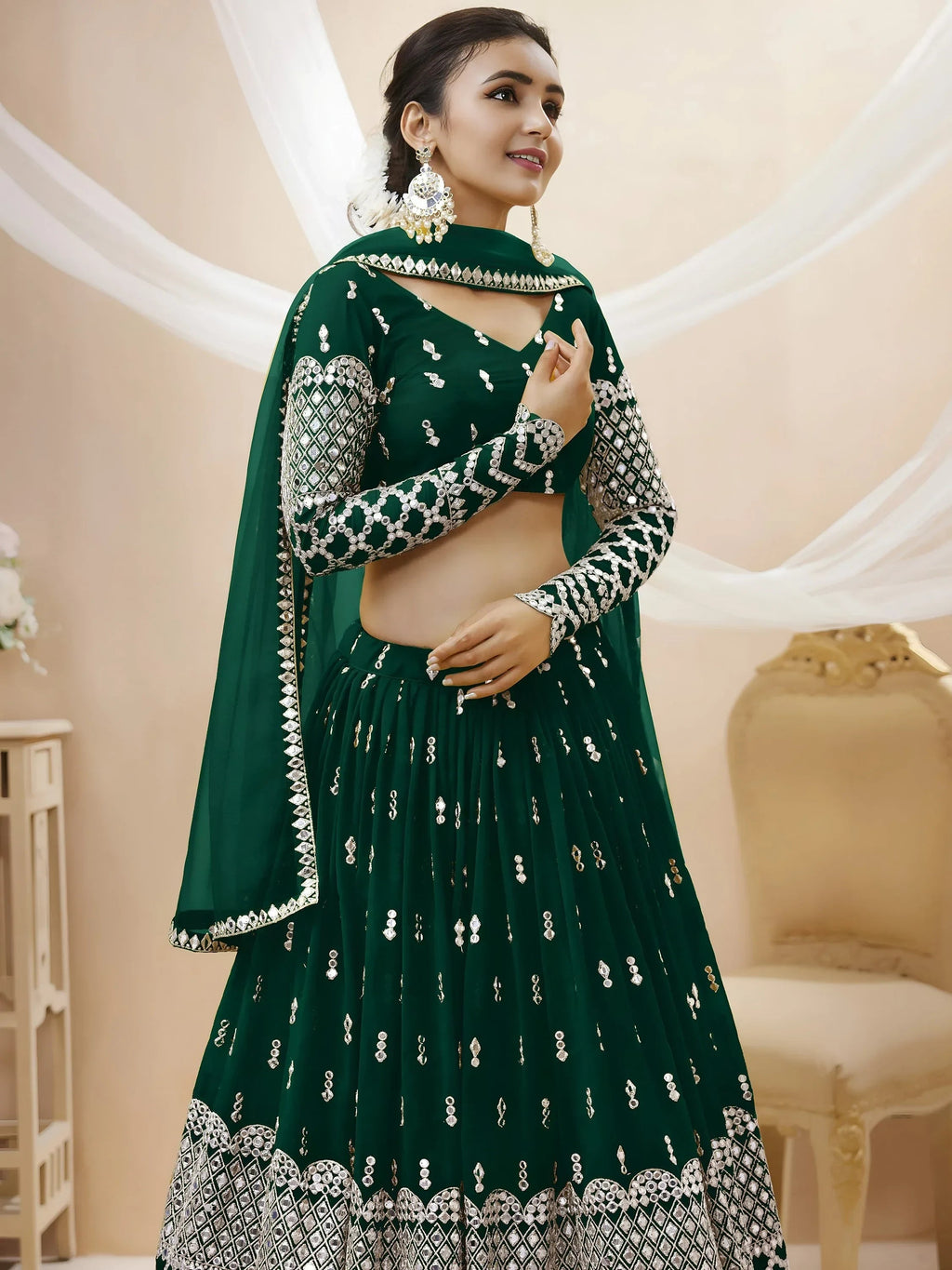 Dark Green Capricious Dark Sequins Work Georgette Lehenga Choli