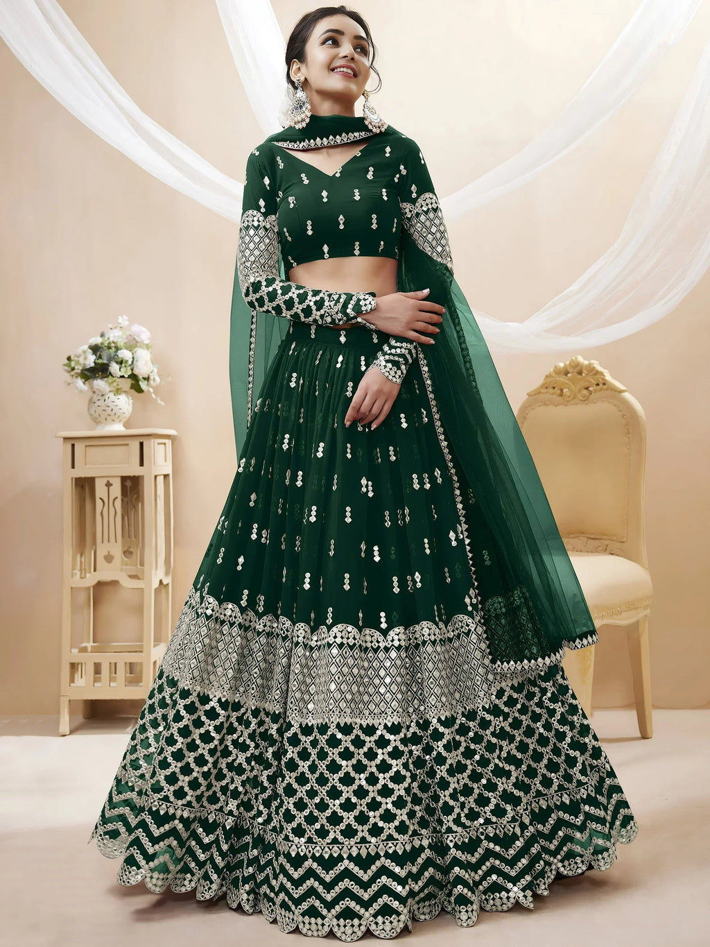 Dark Green Capricious Dark Sequins Work Georgette Lehenga Choli