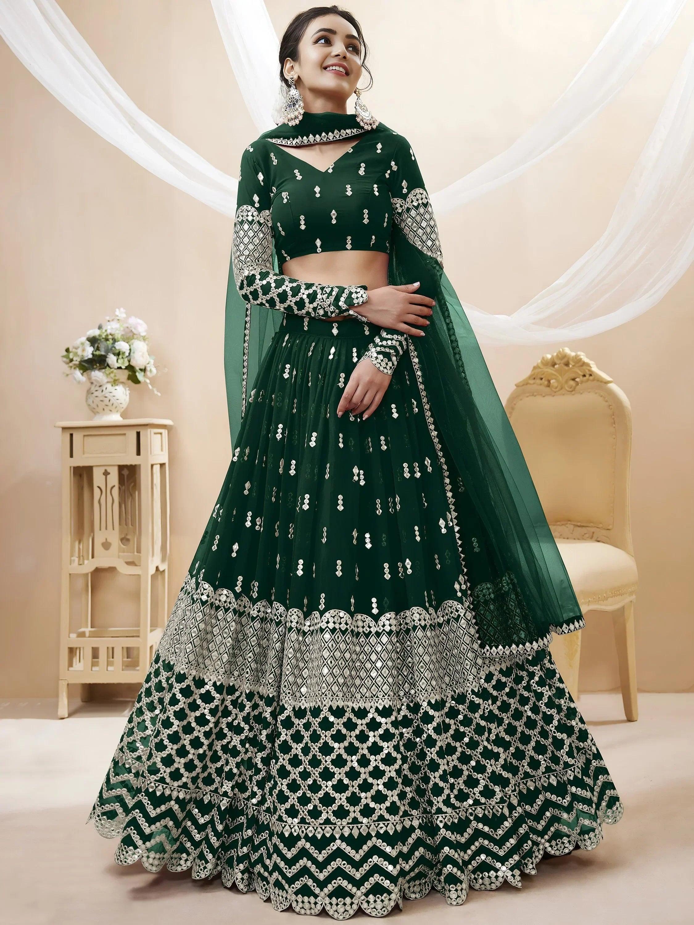 Dark Green Capricious Dark Sequins Work Georgette Lehenga Choli