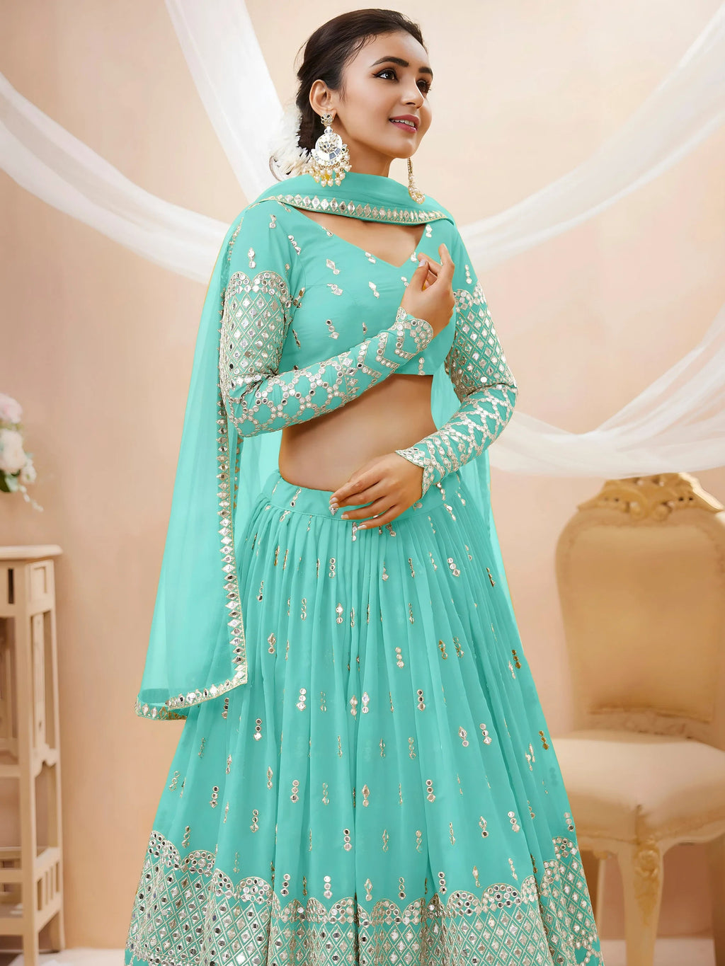 Fabulous Sky Blue Zari Embroidered Georgette Plus Size Lehenga Choli