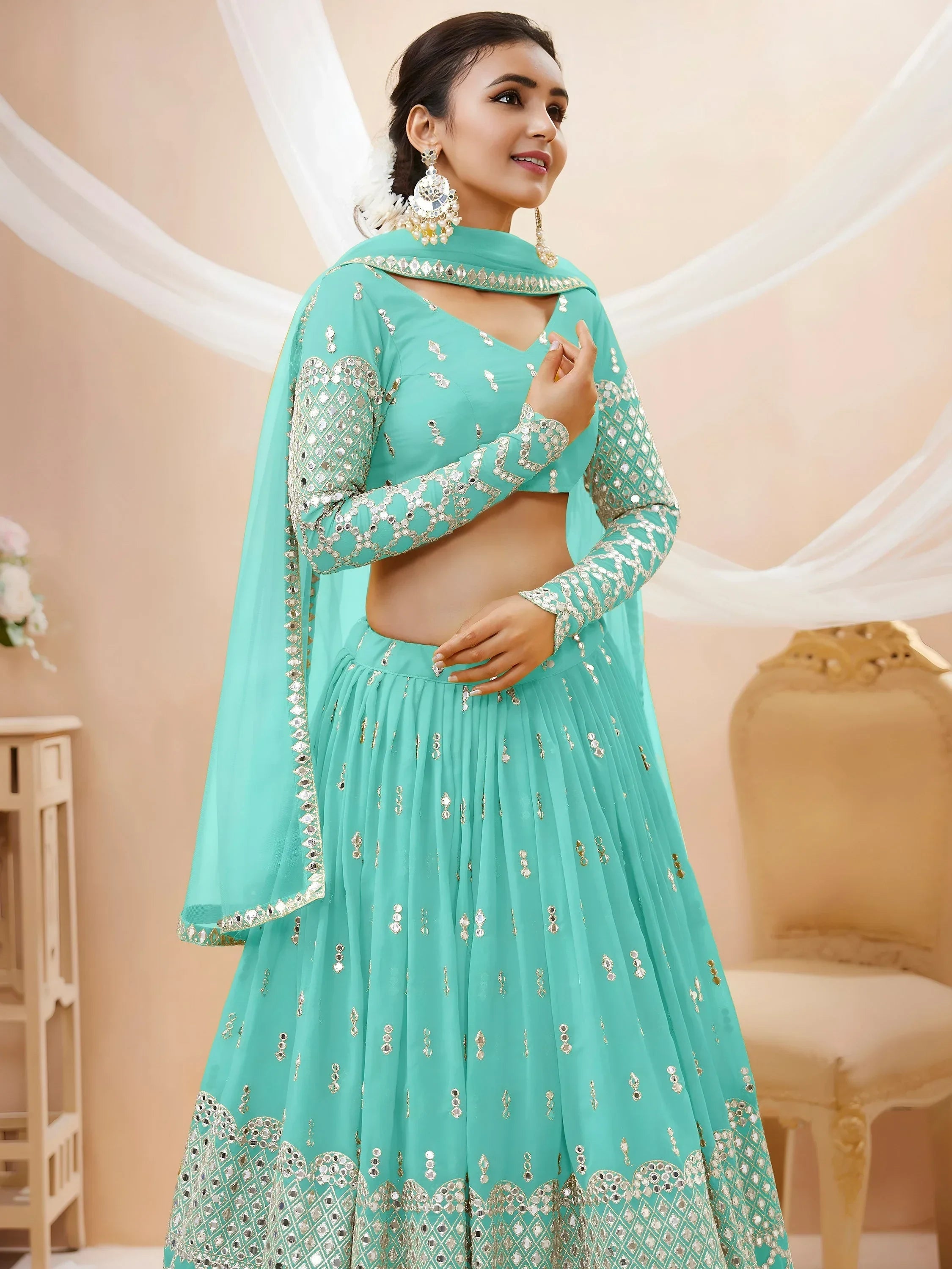 Spectacular Sky Blue Sequins Georgette Sangeet Wear Lehenga Choli