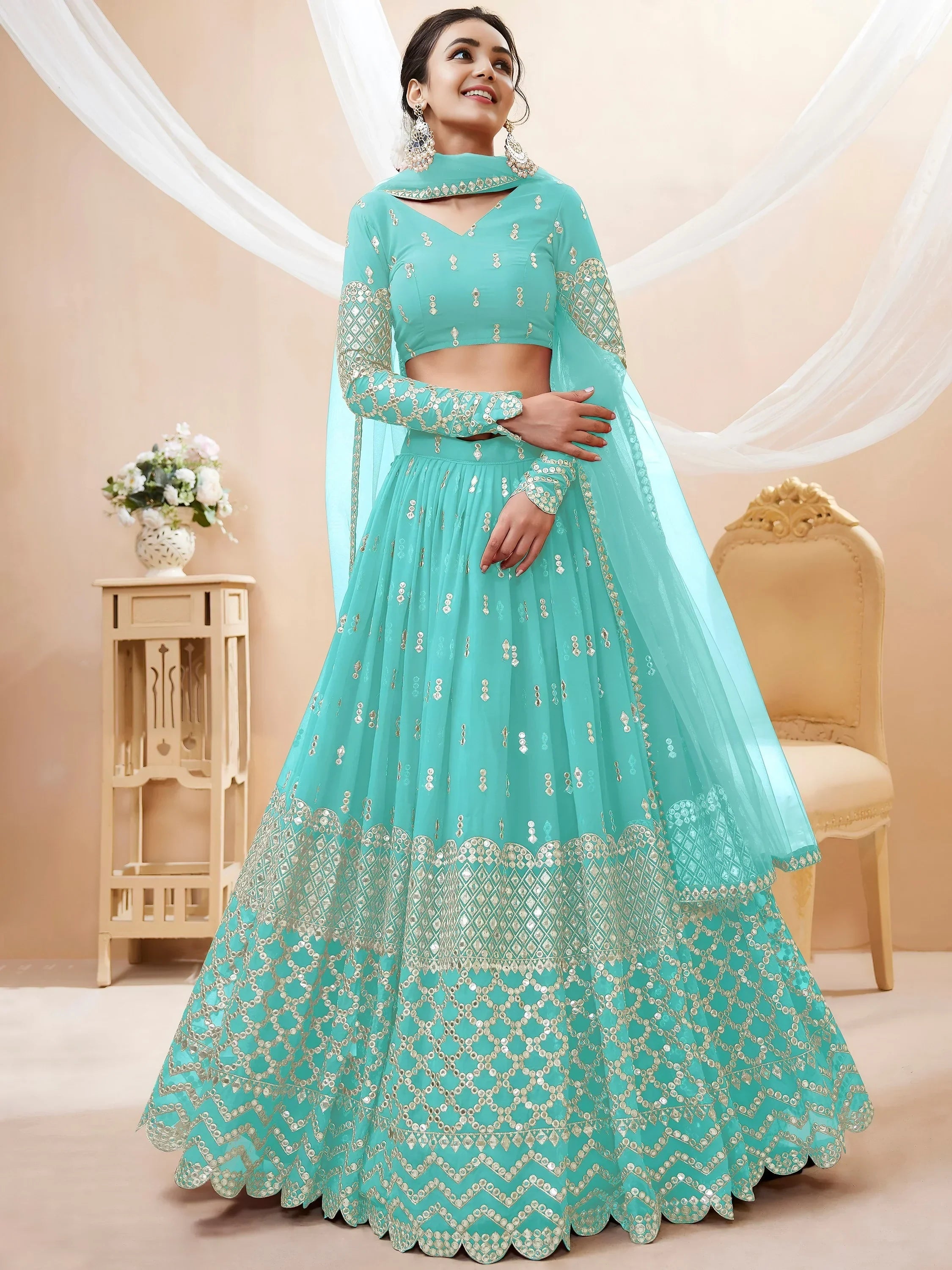 Spectacular Sky Blue Sequins Georgette Sangeet Wear Lehenga Choli