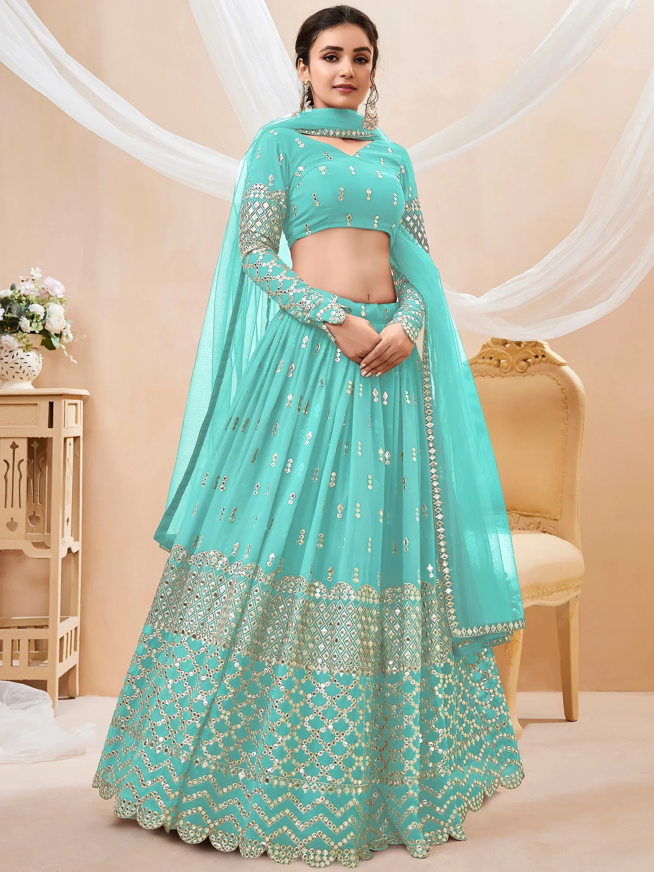 Spectacular Sky Blue Sequins Georgette Sangeet Wear Lehenga Choli