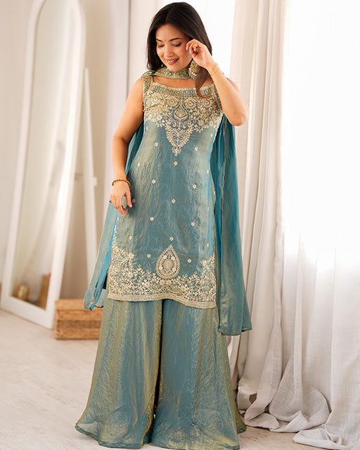 Dusty Blue Color Fendi Silk Embroidered Sharara Suit