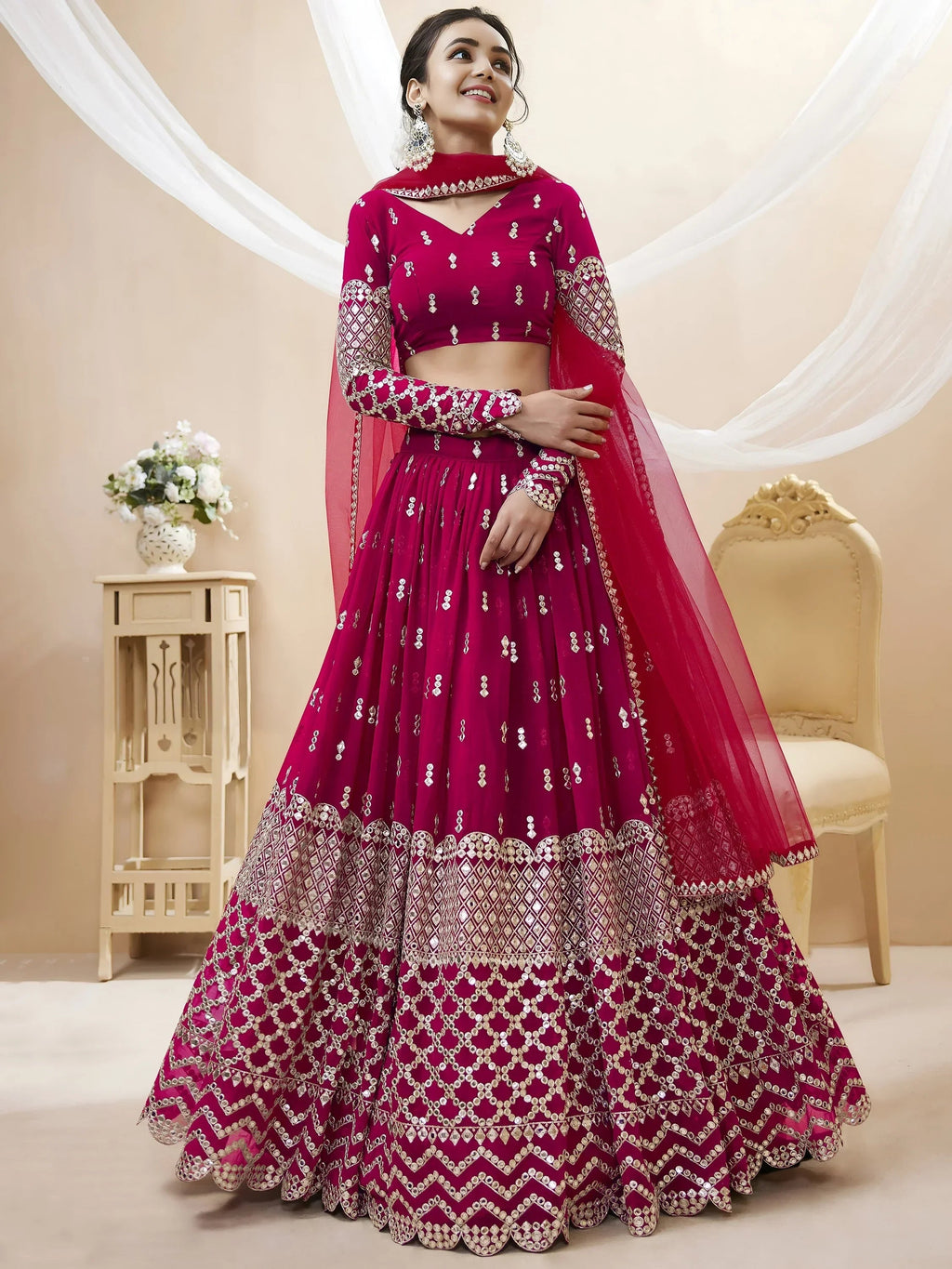 Mesmerizing Dark Pink Sequins Work Georgette Bridesmaid Lehenga Choli