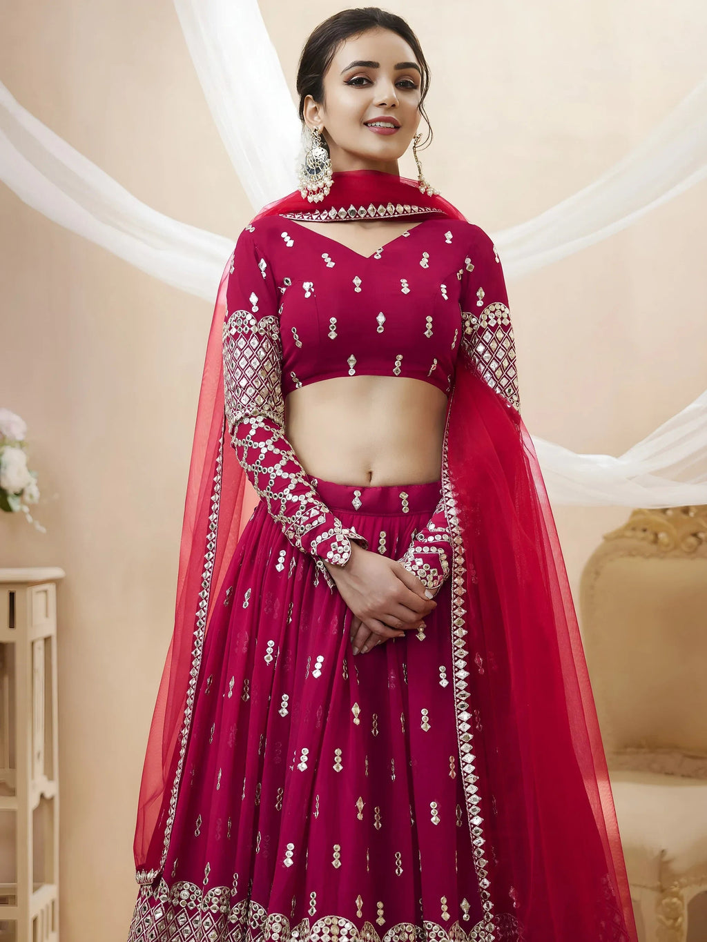 Mesmerizing Dark Pink Sequins Work Georgette Bridesmaid Lehenga Choli