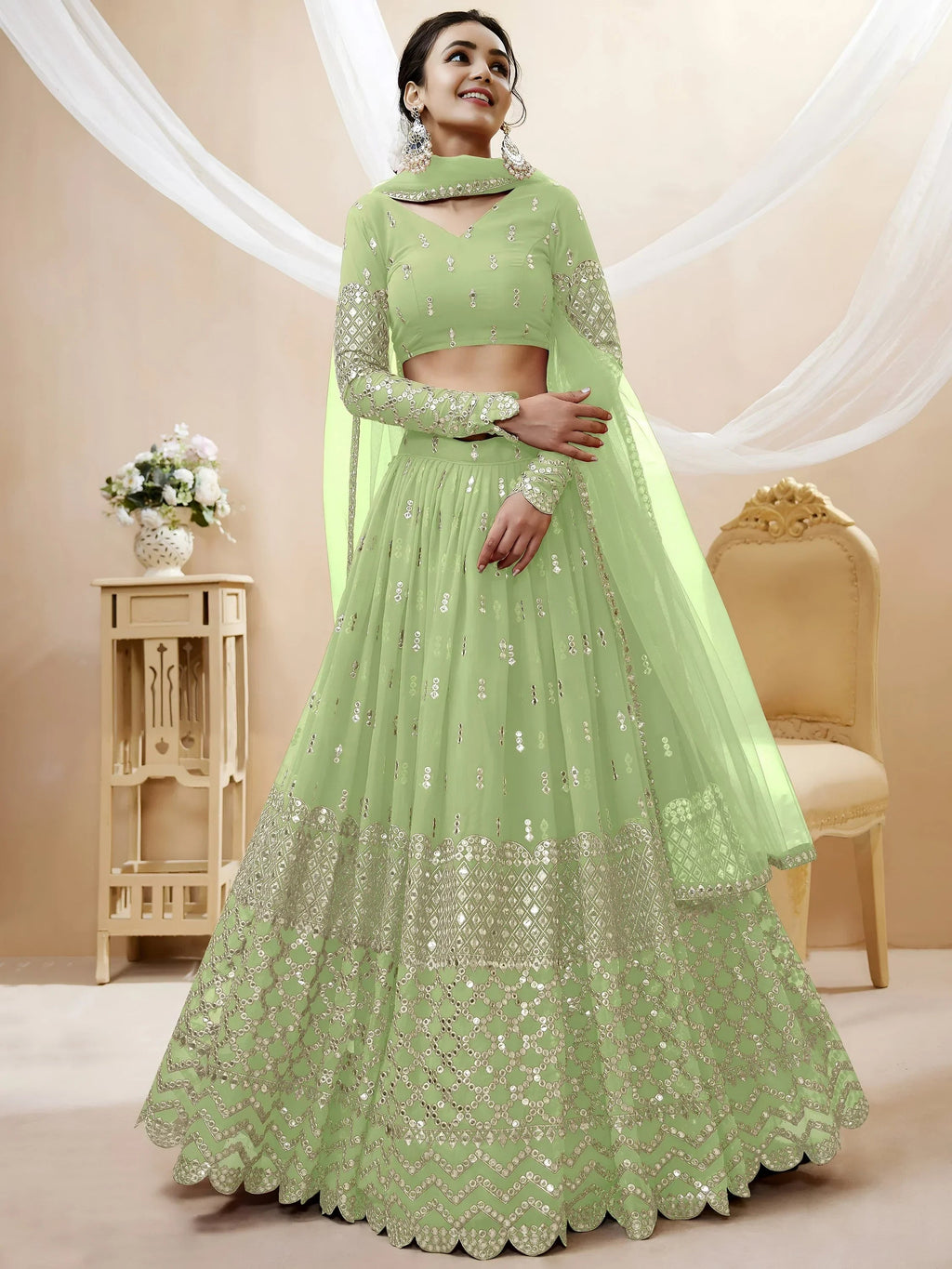 Attractive Pastel Green Sequins Work Georgette Lehenga Choli