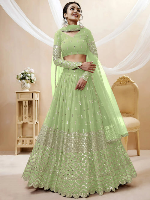 Attractive Pastel Green Sequins Work Georgette Lehenga Choli