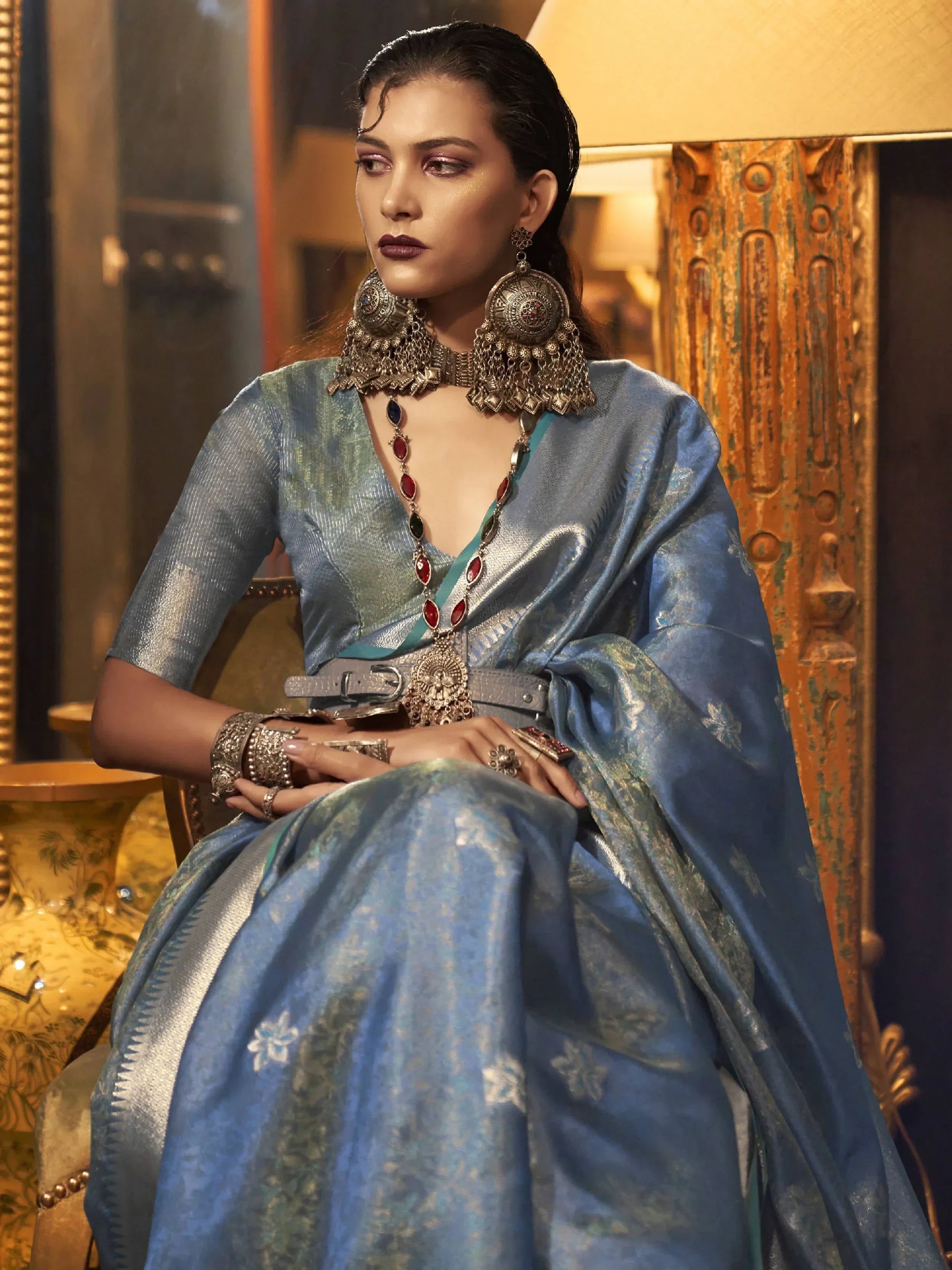 Stunning Sky-Blue Zari Weaving Organza Festival Wear Saree With Blouse