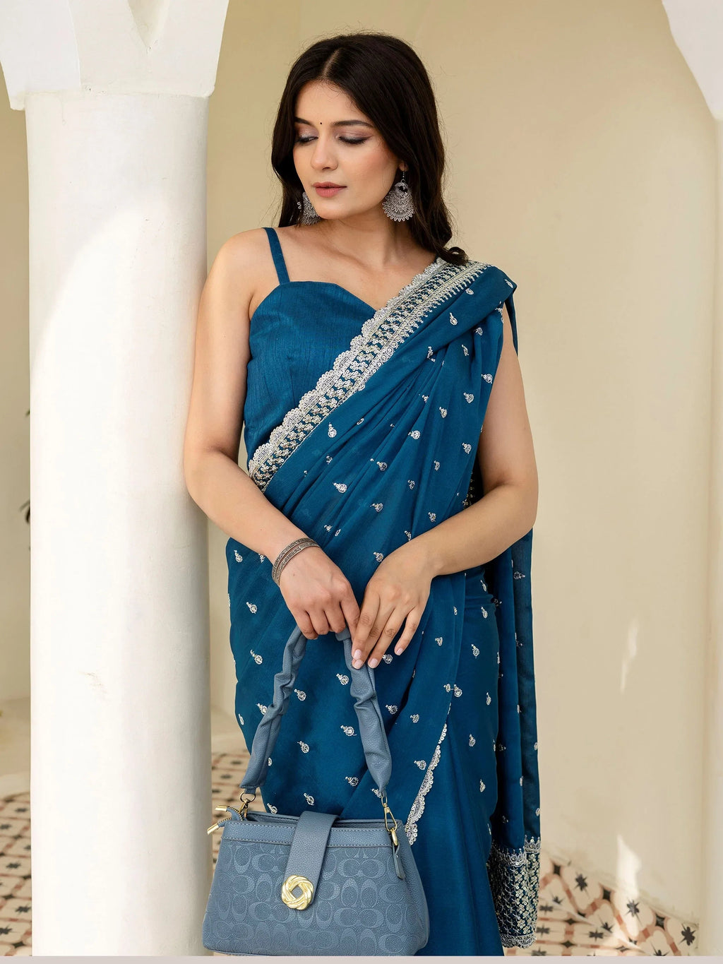 Chic Aqua Blue Chinon Sequins Embroidered Saree With Blouse