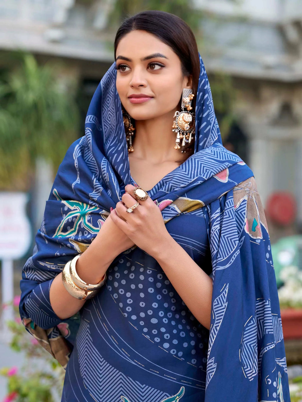 Incredible Navy Blue Floral Printed Silk Traditional Palazzo Suit