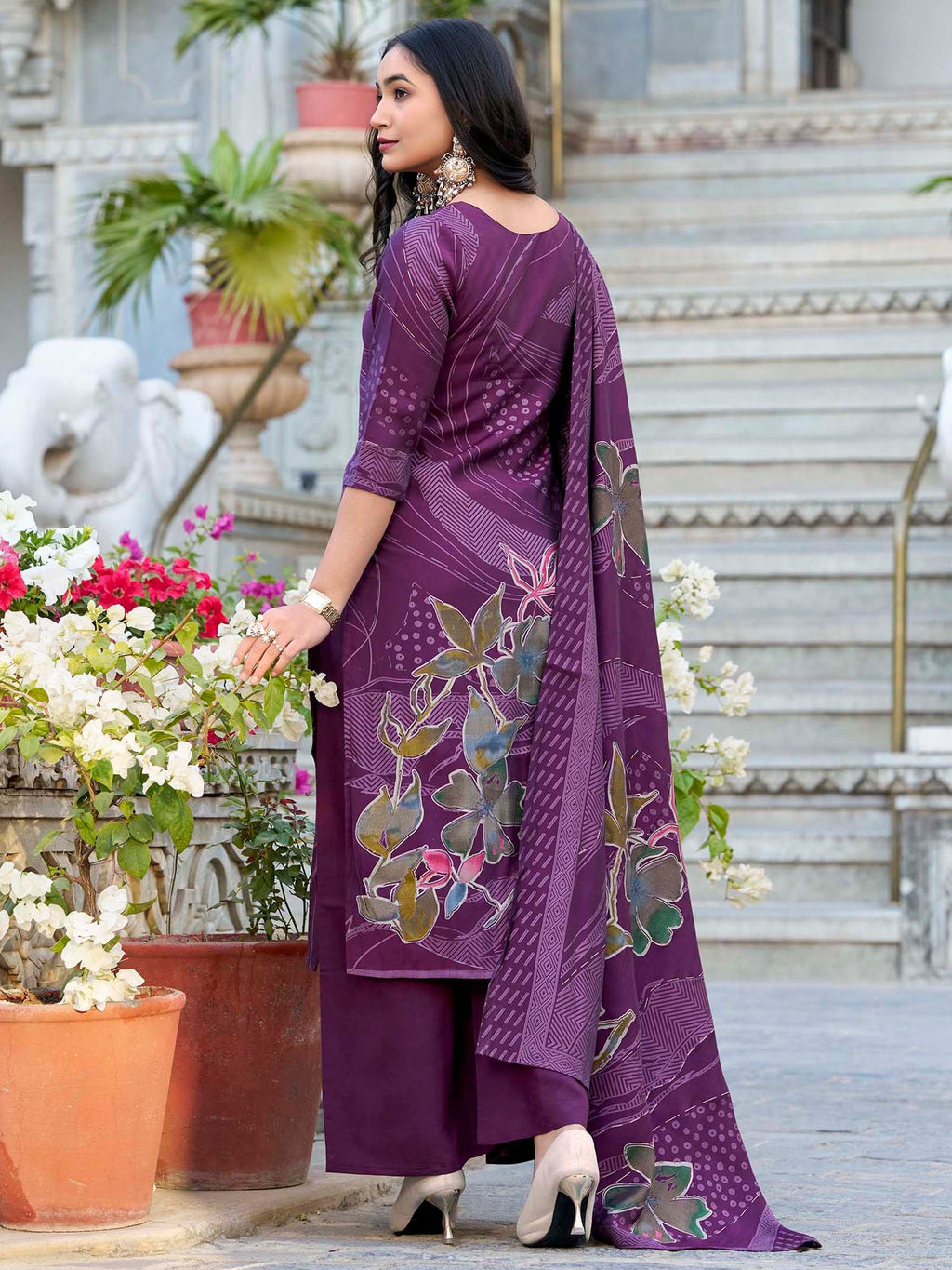Stunning Wine Floral Printed Silk Festival Wear Palazzo Suit