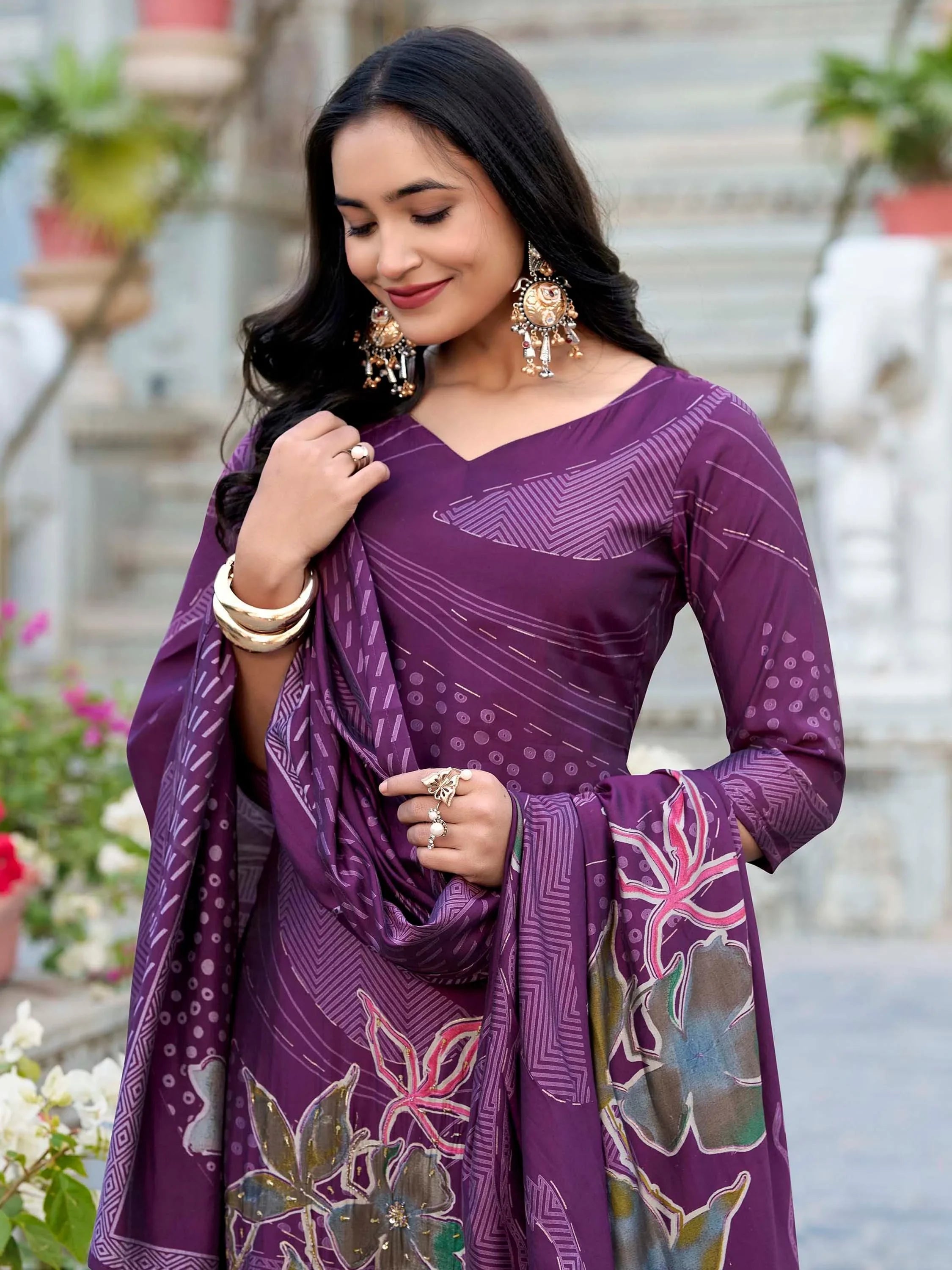 Stunning Wine Floral Printed Silk Festival Wear Palazzo Suit