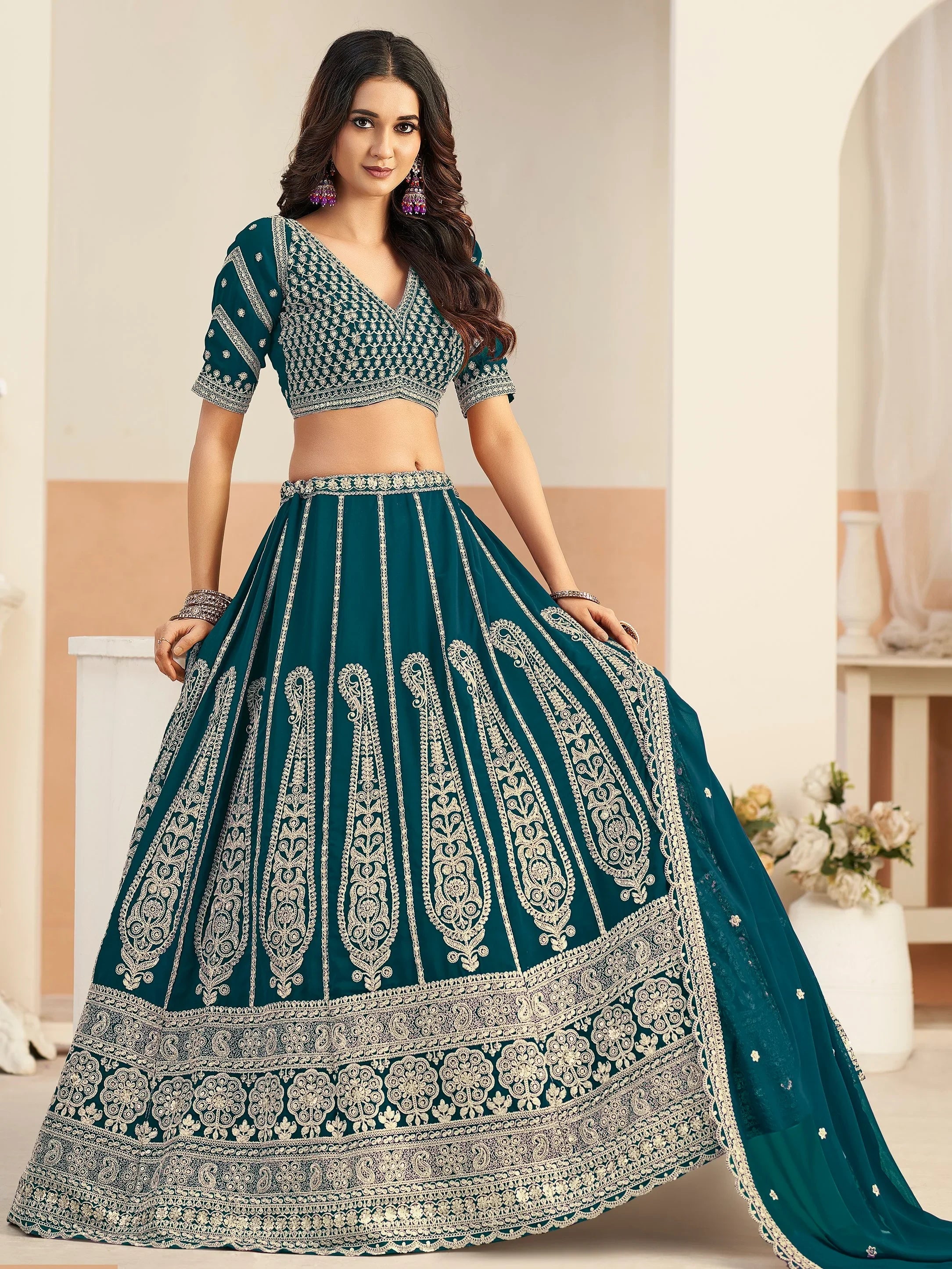 Marvelous Teal Green Embroidered Georgette Lehenga Choli With Dupatta