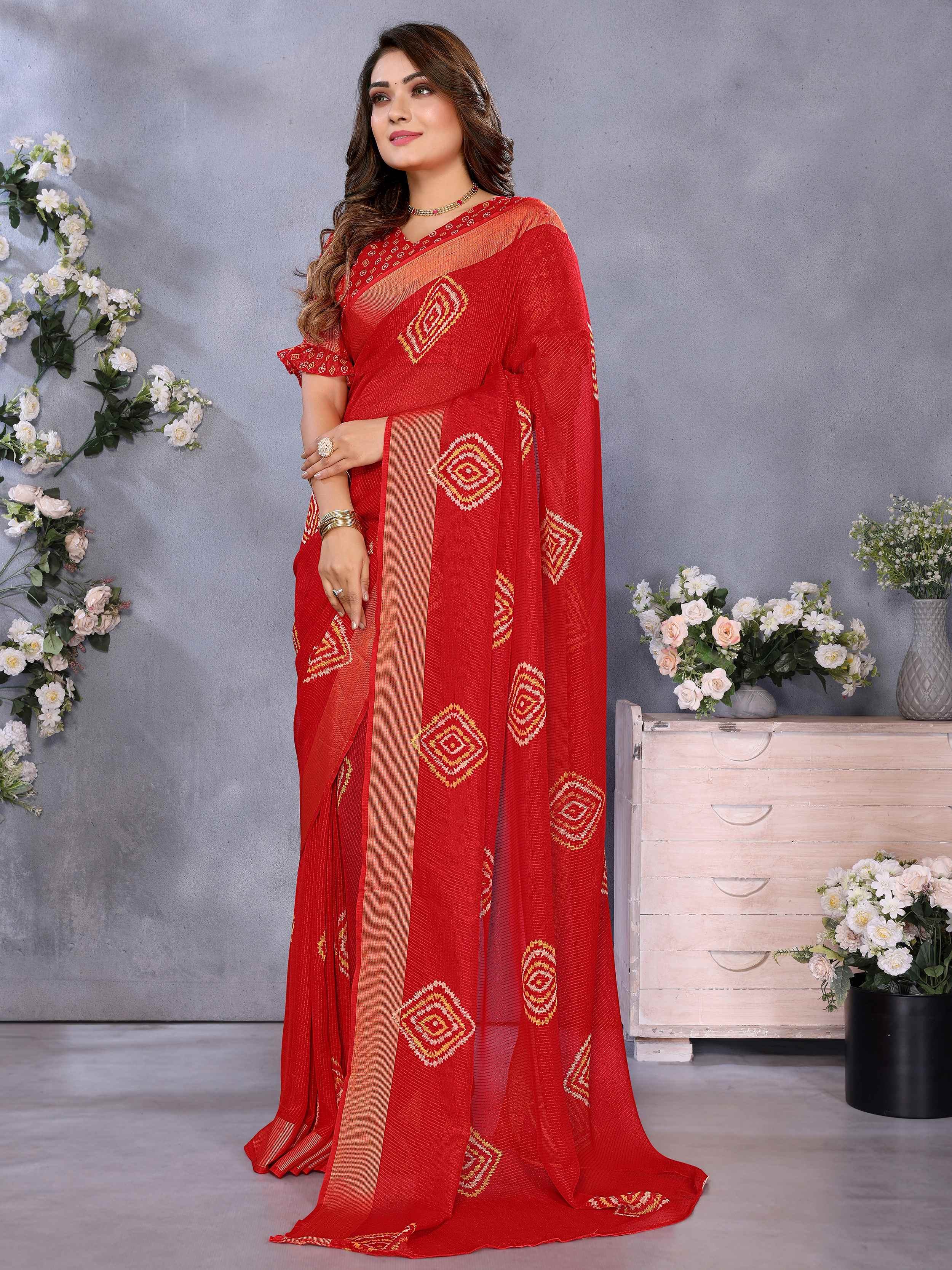 Charming Red Shibori Printed Chiffon Traditional Saree