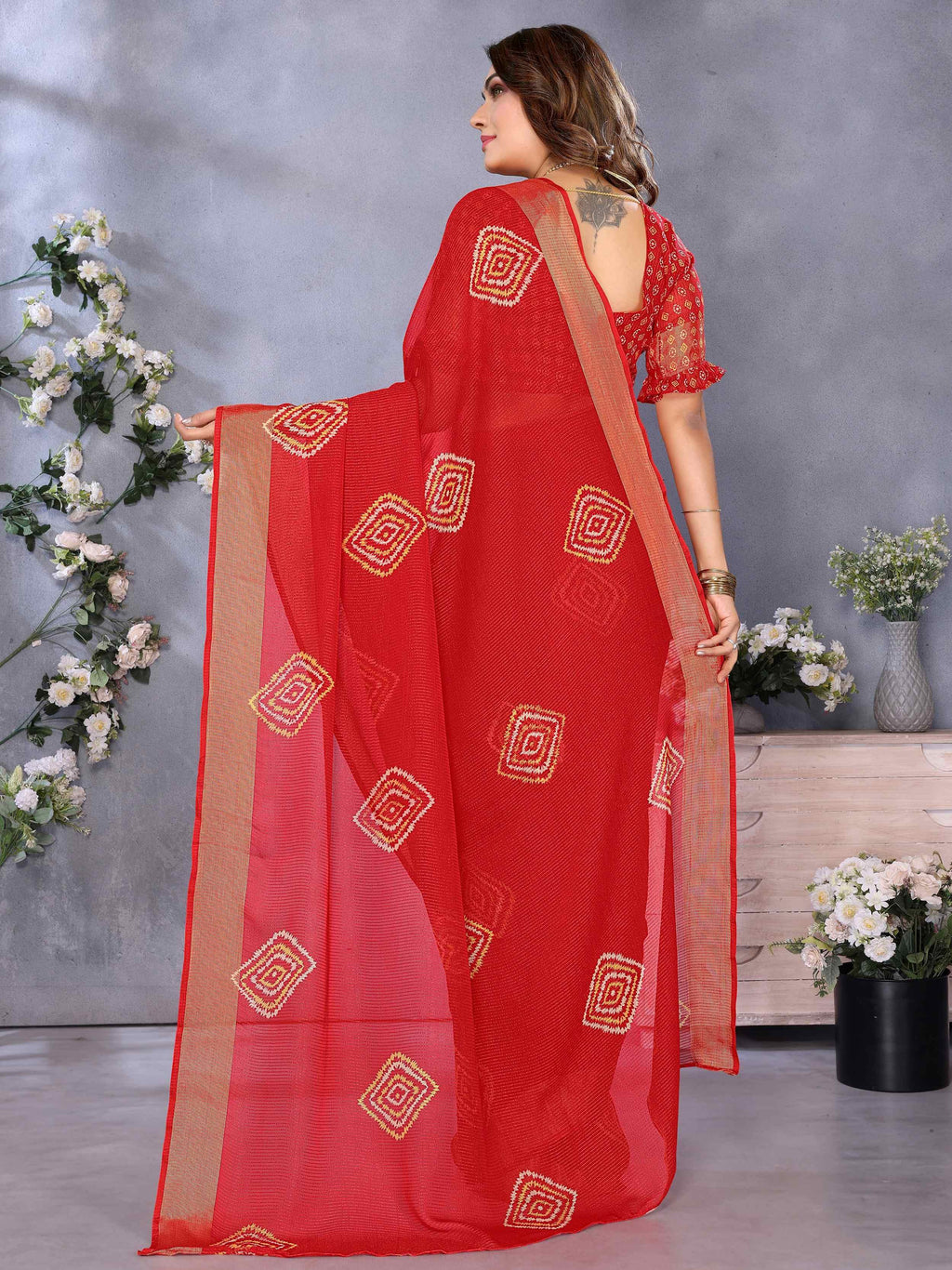Charming Red Shibori Printed Chiffon Traditional Saree