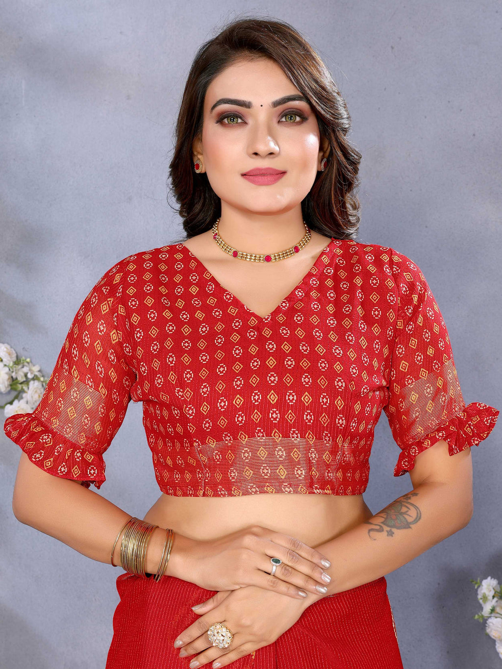 Charming Red Shibori Printed Chiffon Traditional Saree