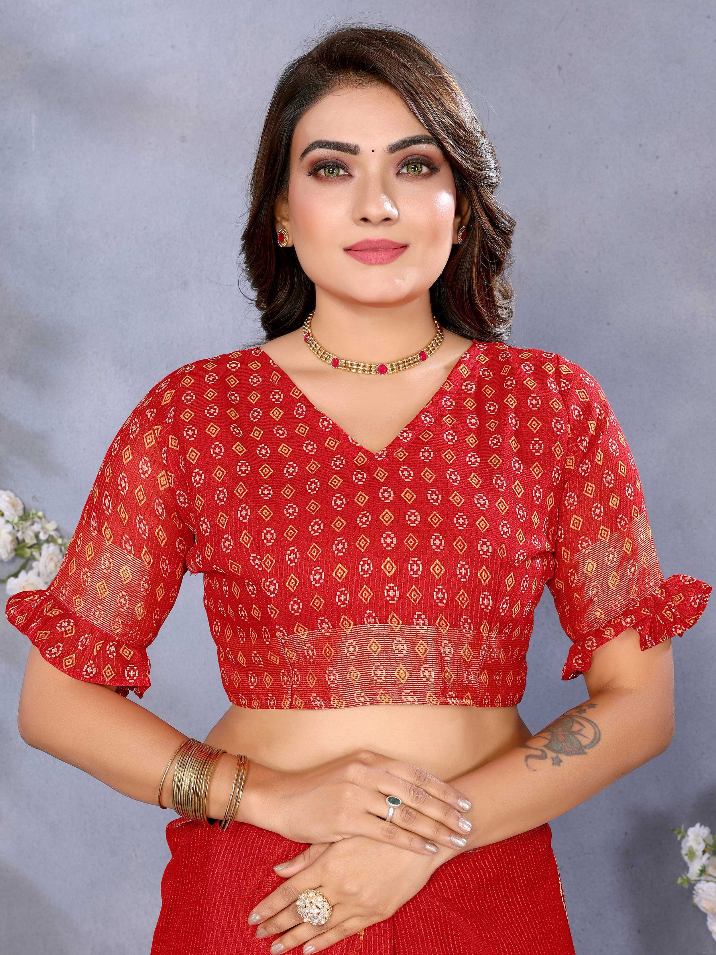 Charming Red Shibori Printed Chiffon Traditional Saree