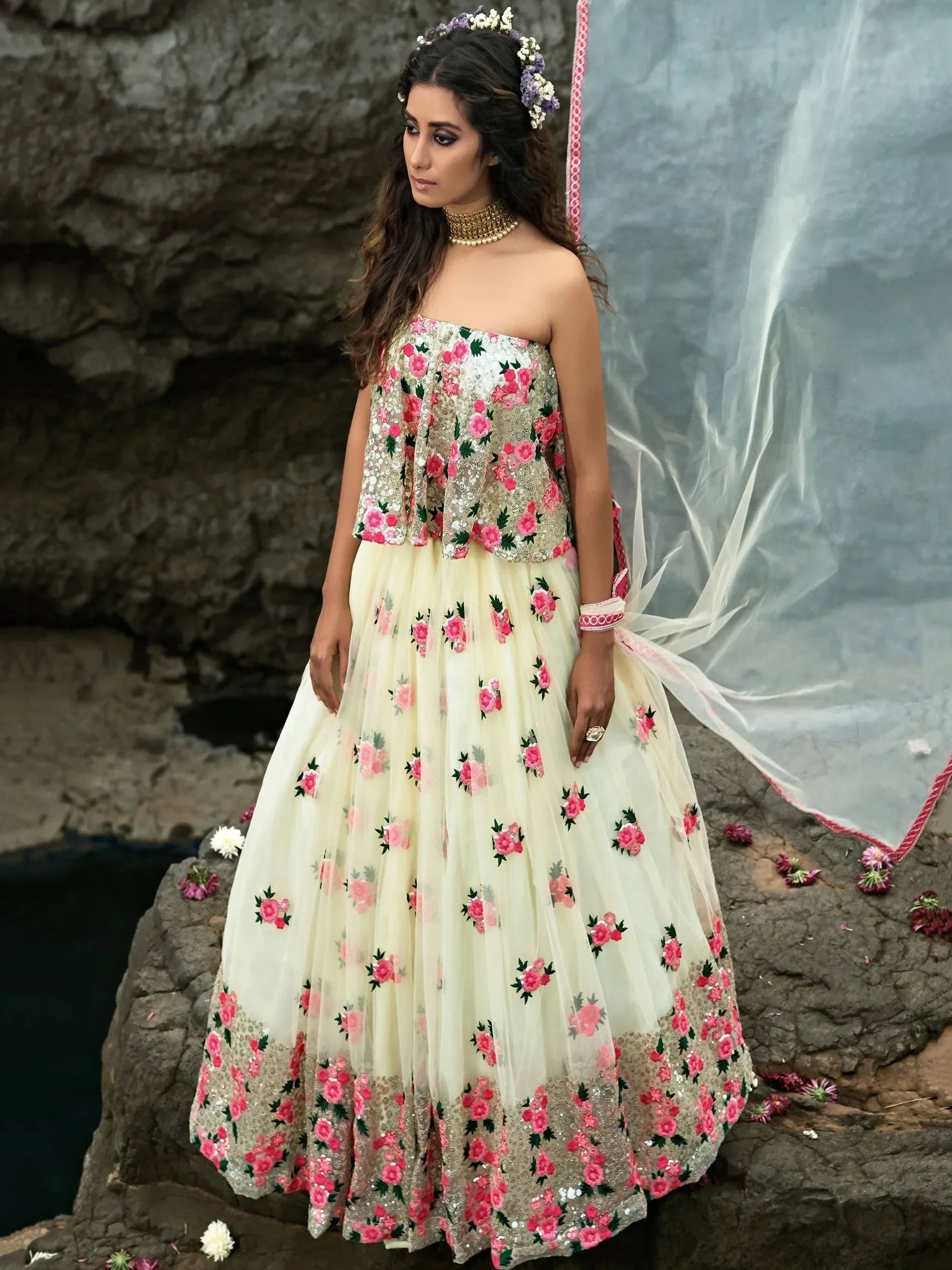 Off White & Embroidered Semi-Stitched Myntra Lehenga & Unstitched Blouse with Dupatta