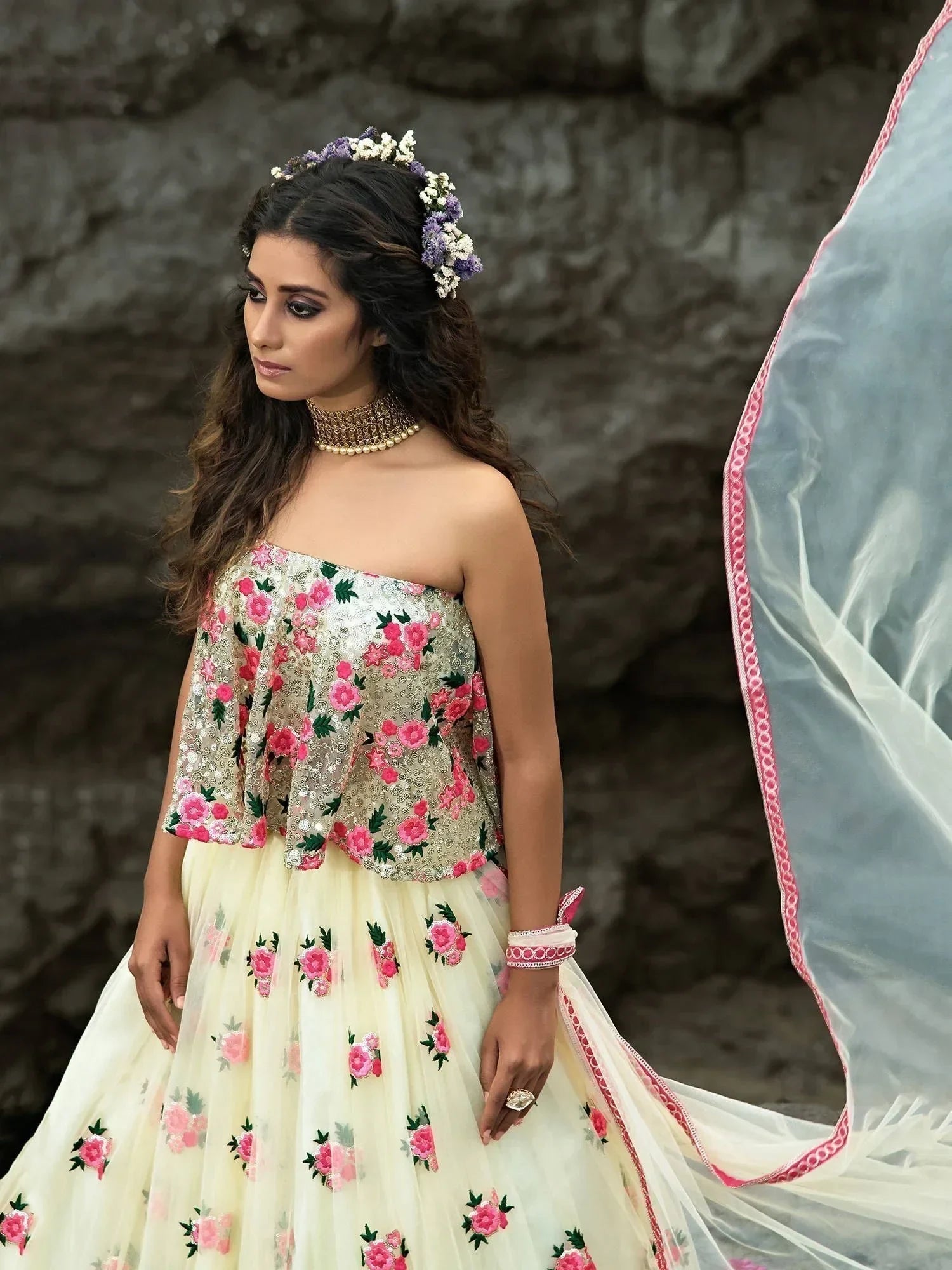 Off White & Embroidered Semi-Stitched Myntra Lehenga & Unstitched Blouse with Dupatta