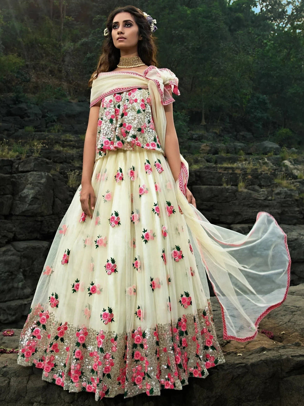 Off White & Embroidered Semi-Stitched Myntra Lehenga & Unstitched Blouse with Dupatta
