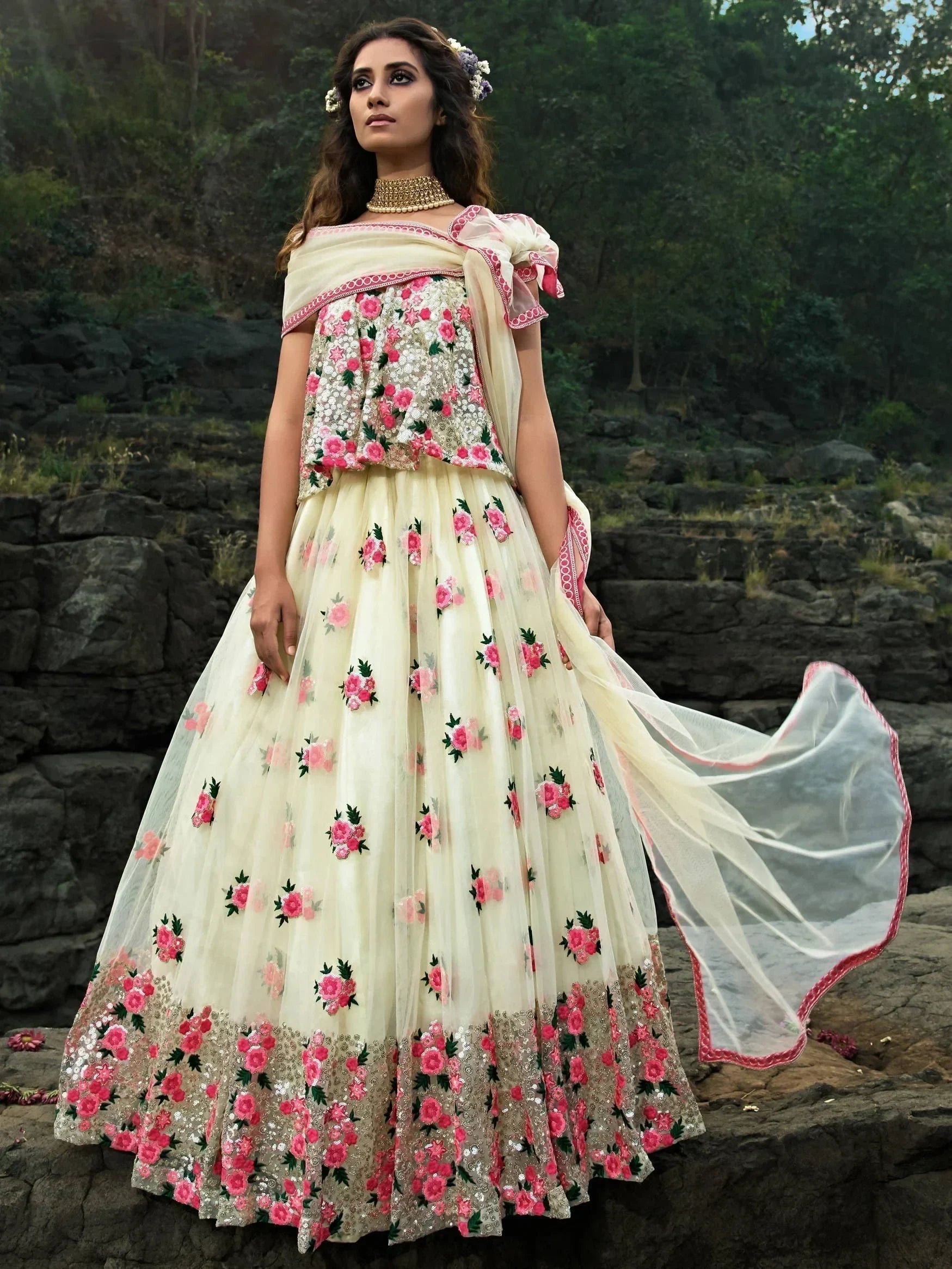 Off White & Embroidered Semi-Stitched Myntra Lehenga & Unstitched Blouse with Dupatta