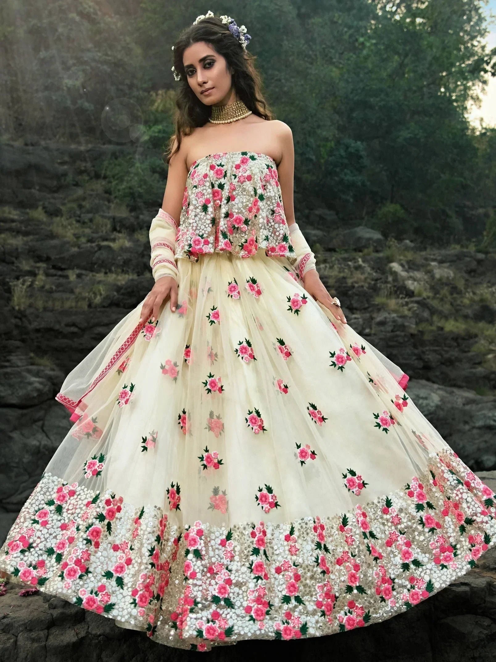 Off White & Embroidered Semi-Stitched Myntra Lehenga & Unstitched Blouse with Dupatta