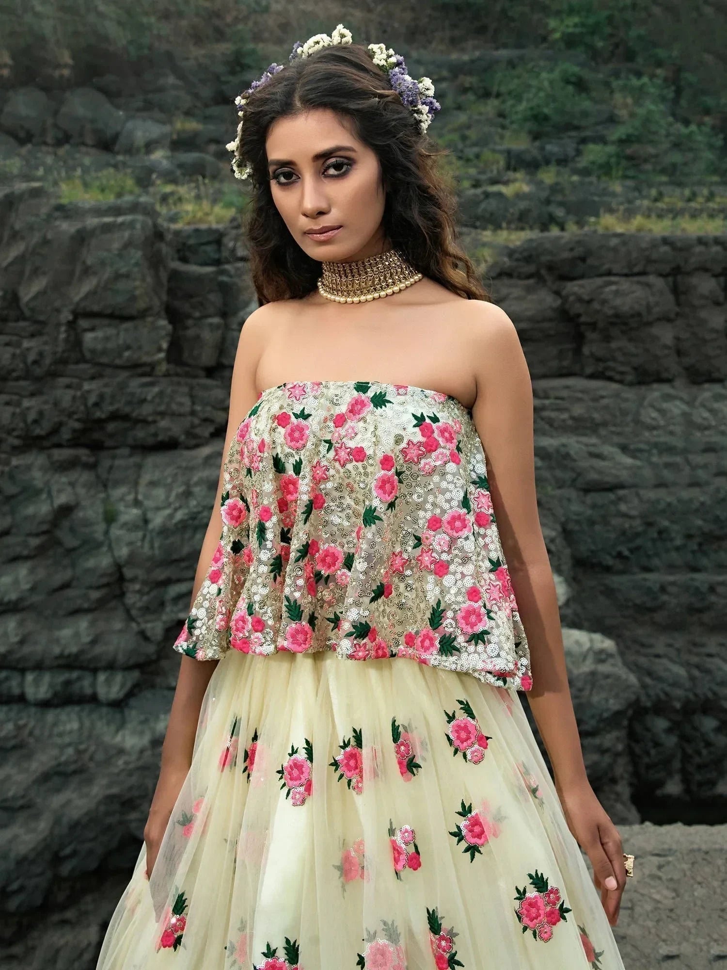 Off White & Embroidered Semi-Stitched Myntra Lehenga & Unstitched Blouse with Dupatta