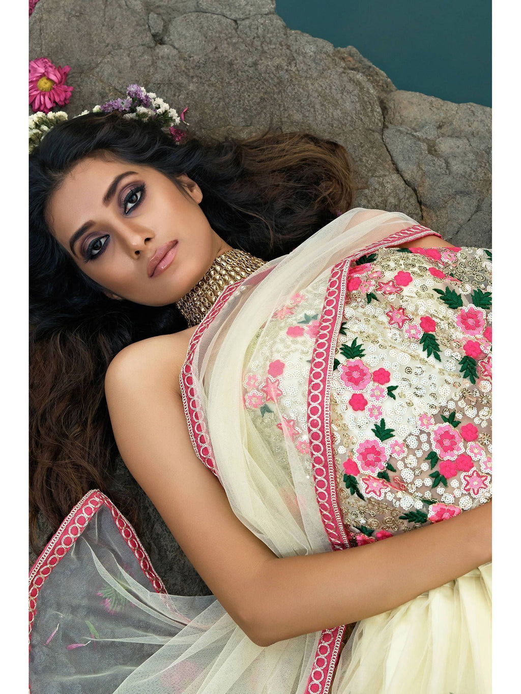 Off White & Embroidered Semi-Stitched Myntra Lehenga & Unstitched Blouse with Dupatta