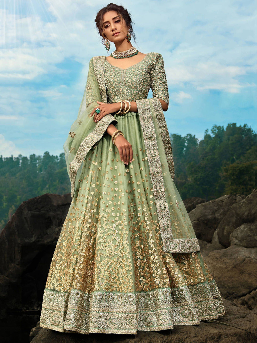 Green Zari Worked Soft Net Wedding Wear Lehenga Choli