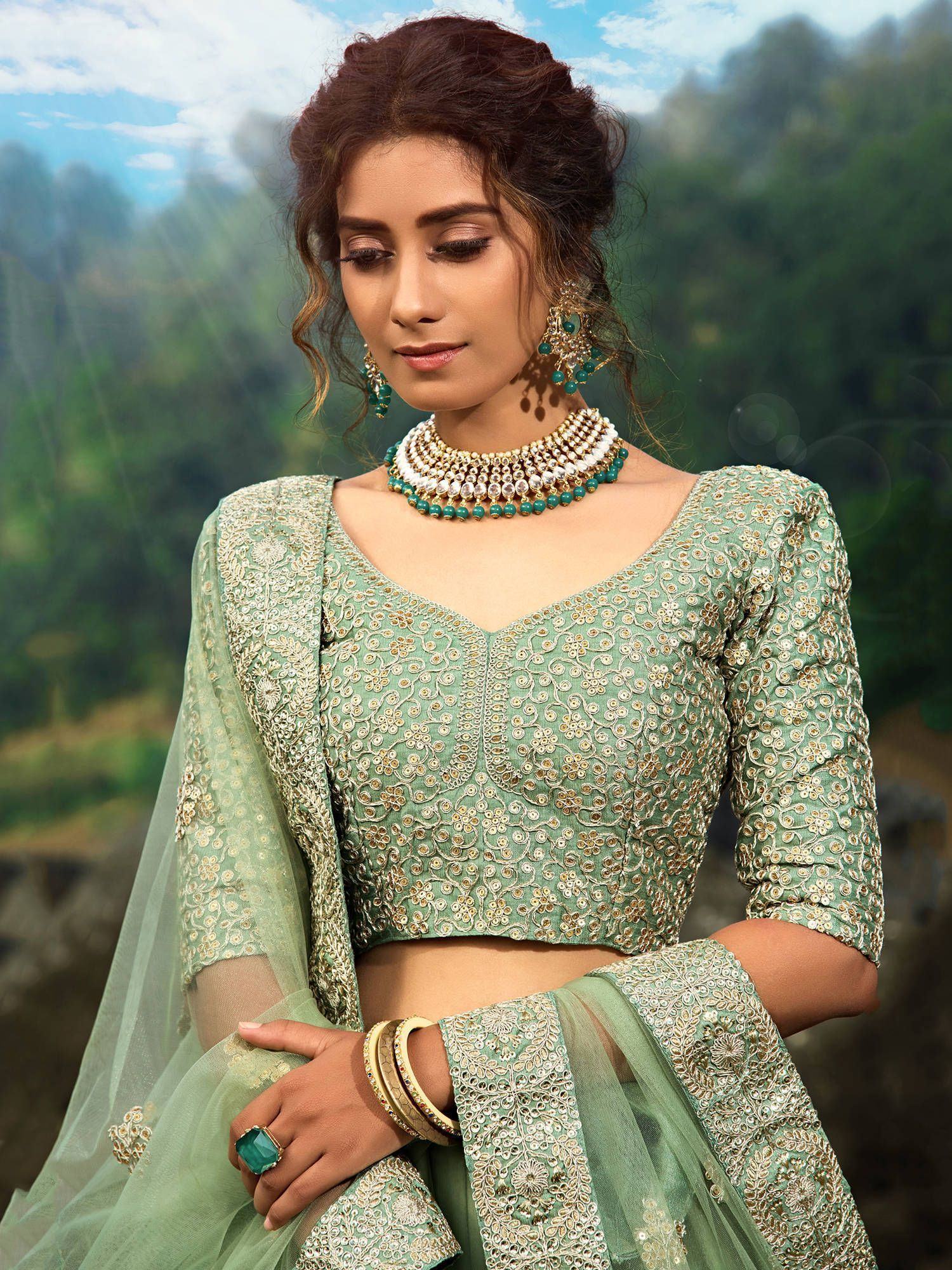 Green Zari Worked Soft Net Wedding Wear Lehenga Choli