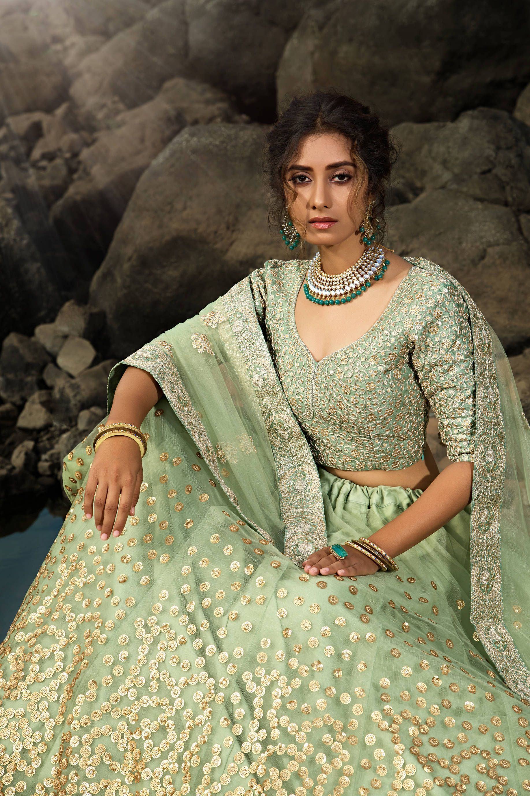 Green Zari Worked Soft Net Wedding Wear Lehenga Choli