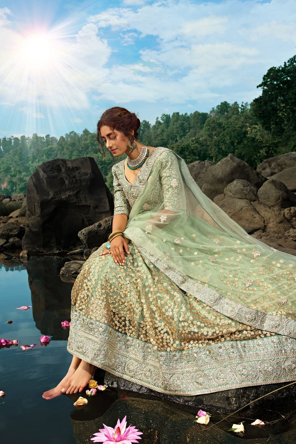 Green Zari Worked Soft Net Wedding Wear Lehenga Choli