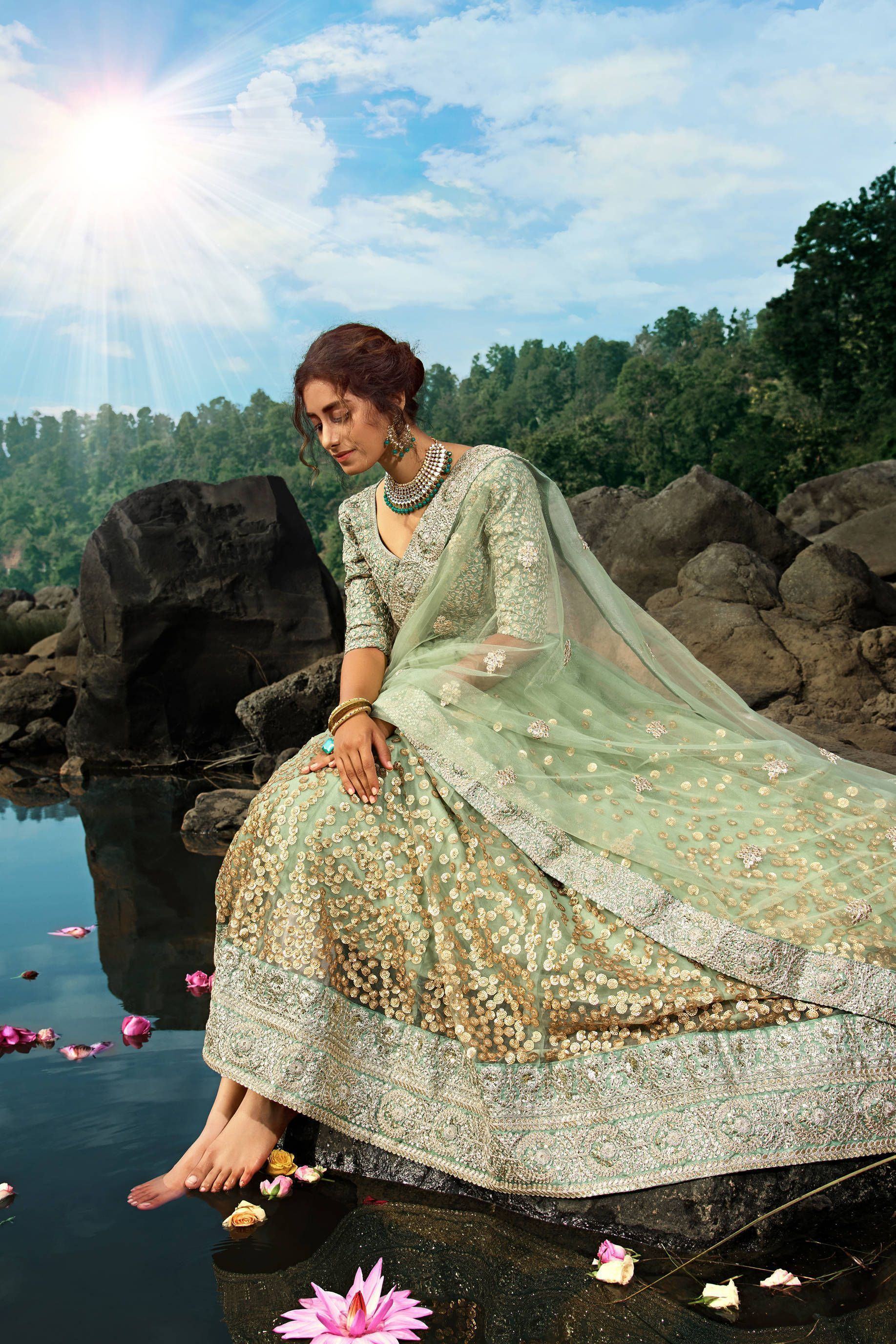 Green Zari Worked Soft Net Wedding Wear Lehenga Choli